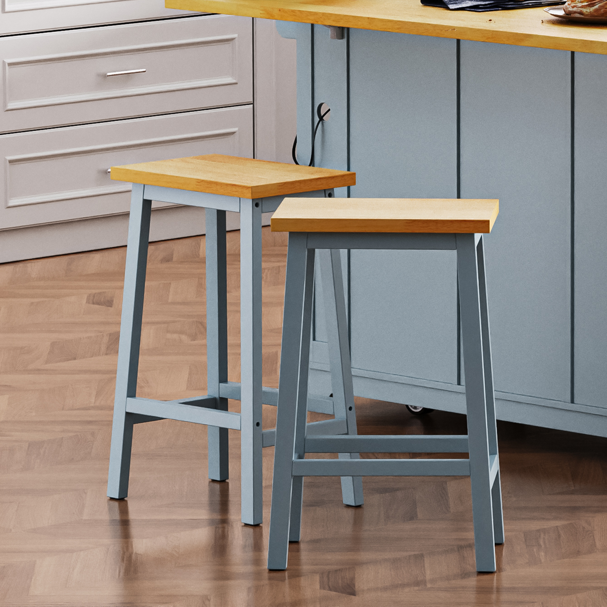 K&K Solid Wood Bar Stools Not Cheap Iron , 25.6" Tall Set Of 2 Bar Chairs, Kitchen Counter Stools With Footrests, Farmhouse Stools For Dining Room, Kitchen, Counter, Grey Blue Grey Blue Gray Kitchen