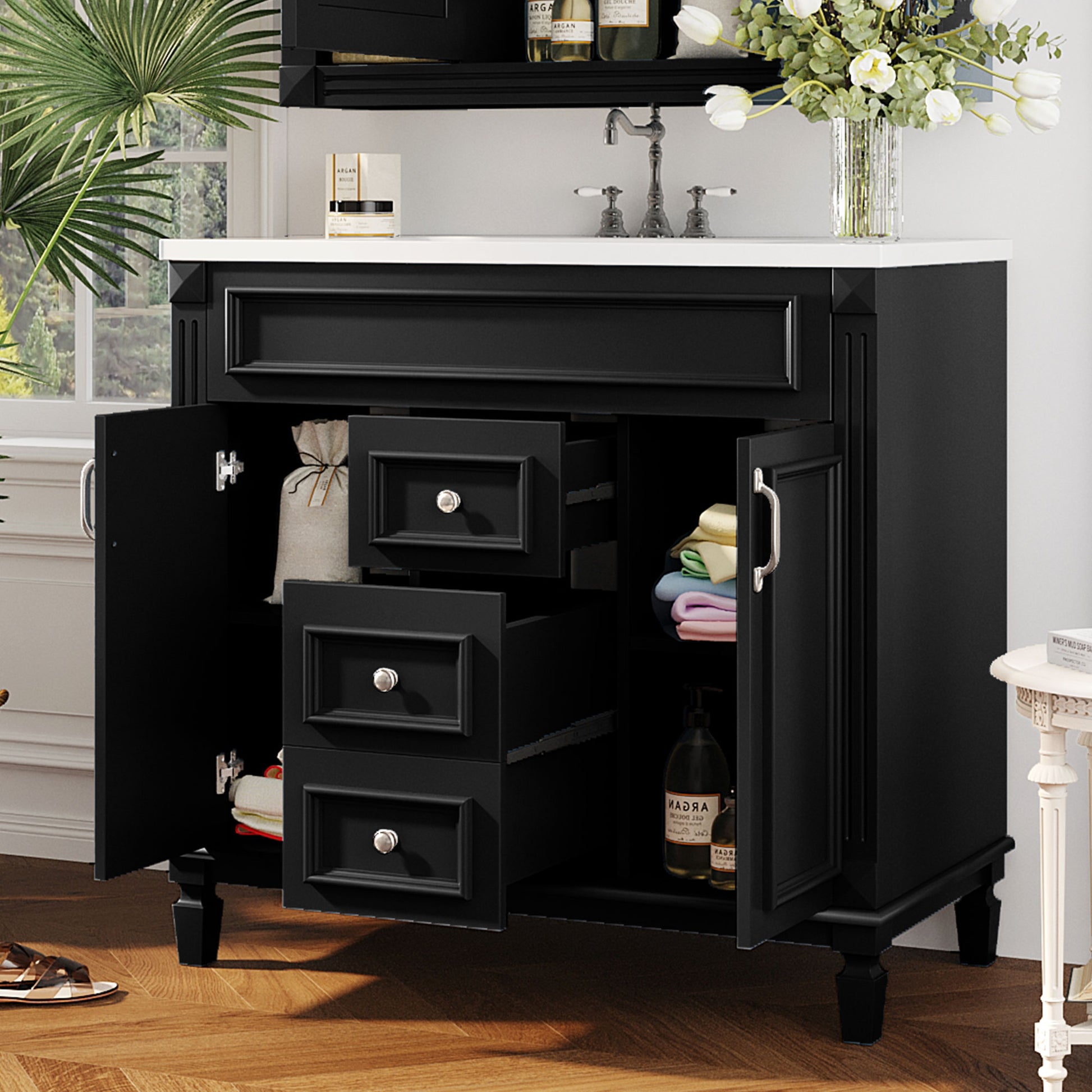 36'' Bathroom Vanity With Top Sink, Modern Bathroom Storage Cabinet With 2 Soft Closing Doors And 2 Drawers, Single Sink Bathroom Vanity Black Bathroom Modern Mdf Ceramic,Solid Wood Mdf