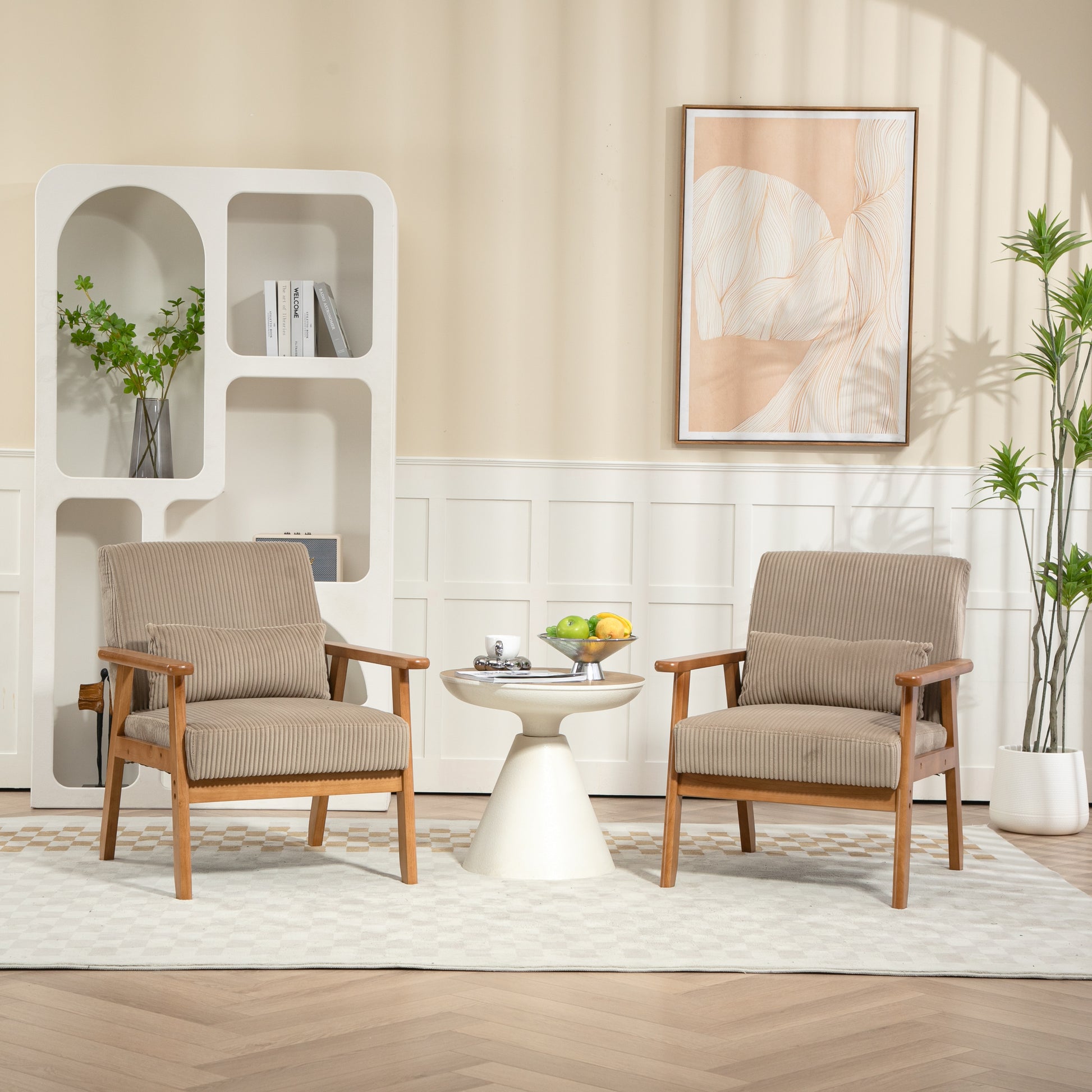 Leisure Chair With Solid Wood Armrest And Feet, Leisure Chair, Wood Frame, Velvet, Solid Rubber Wood Legs, Mid Century Modern Accent Chair, For Living Room Bedroom Studio Chair,Two Packs Camel Corduroy