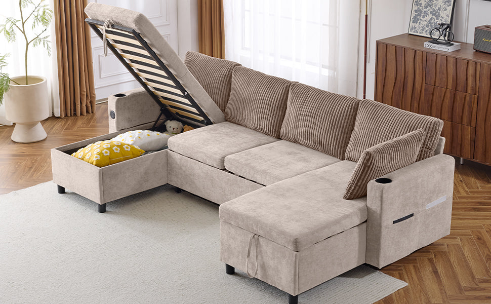 111.8" Sectional Sofa Pull Out Sofa Bed Versatile Sofa Sleeper With Large Storage Space, Two Usb Ports And Two Cup Holders For Living Room, Brown Brown Foam Chenille 4 Seat