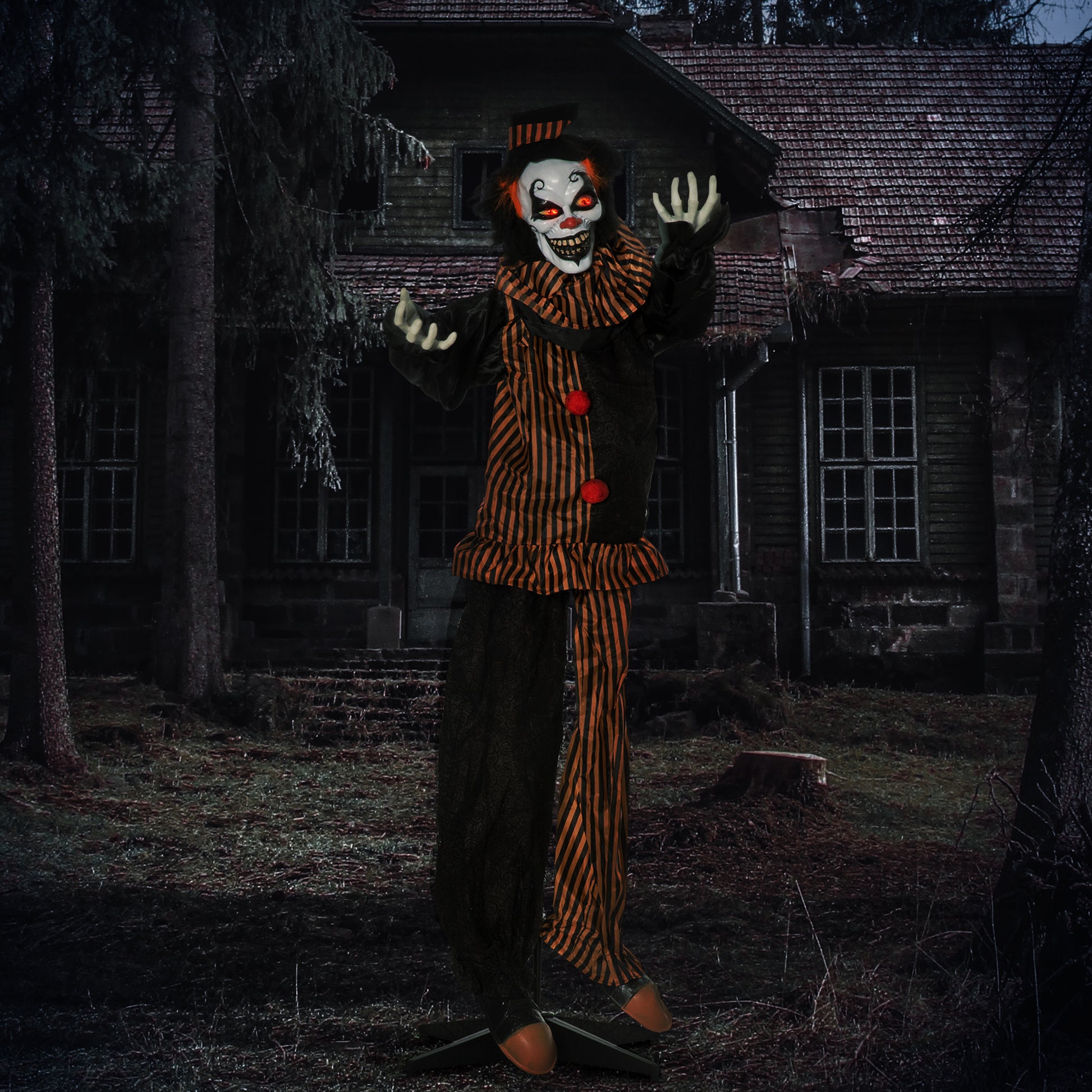 Outsunny 67" Life Size Outdoor Halloween Decorations Talking Circus Clown, Animatronic Animated Prop, D Cor With Sound And Motion Activated Light Up Eyes, Laughter Multicolor Polyester