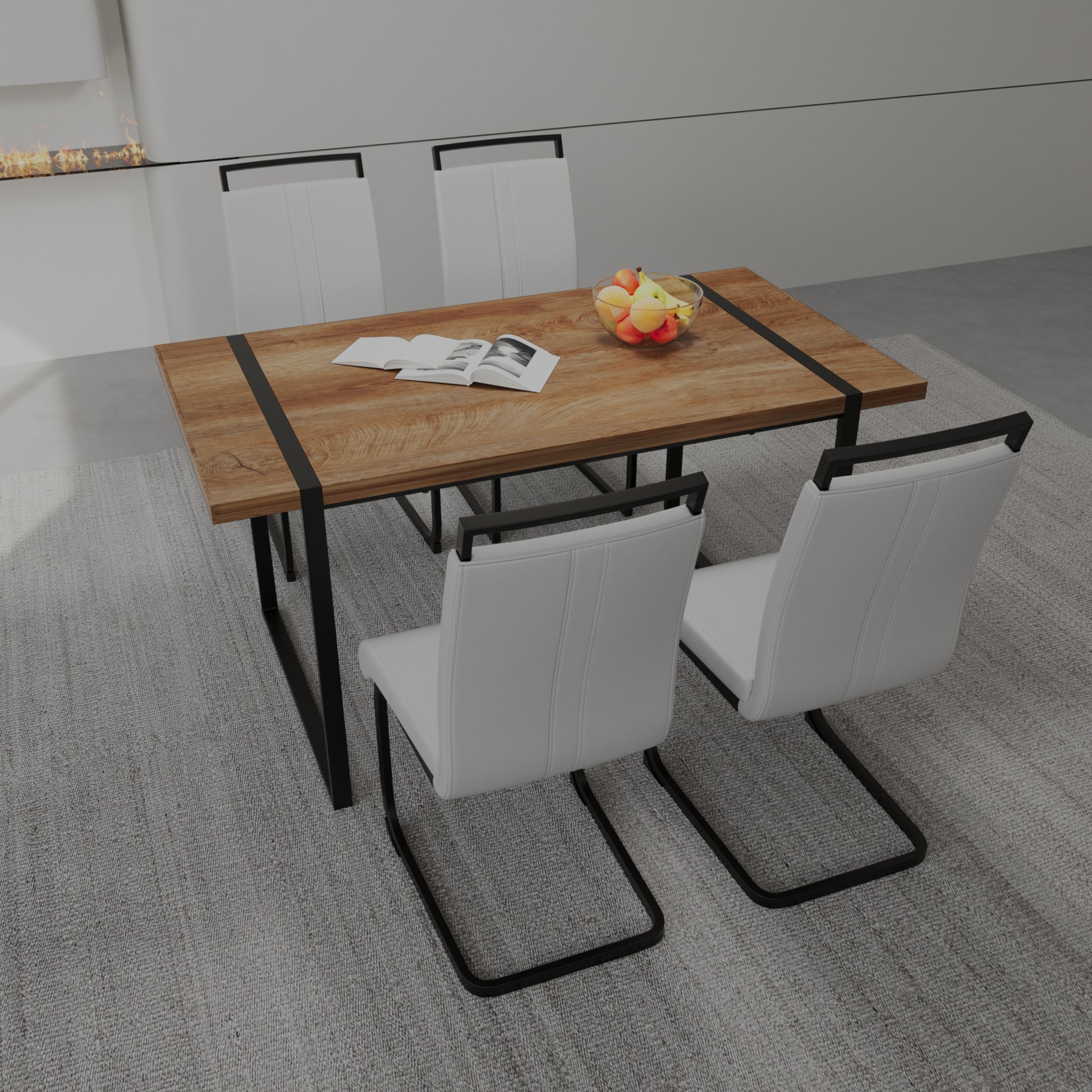 59 "Rural Industrial Rectangular Mdf Wood Color Dining Table Set And Pu Armless Dining Chair Set 4. Kitchen Black Metal Table Leg Dining Chair Set Wood Mdf