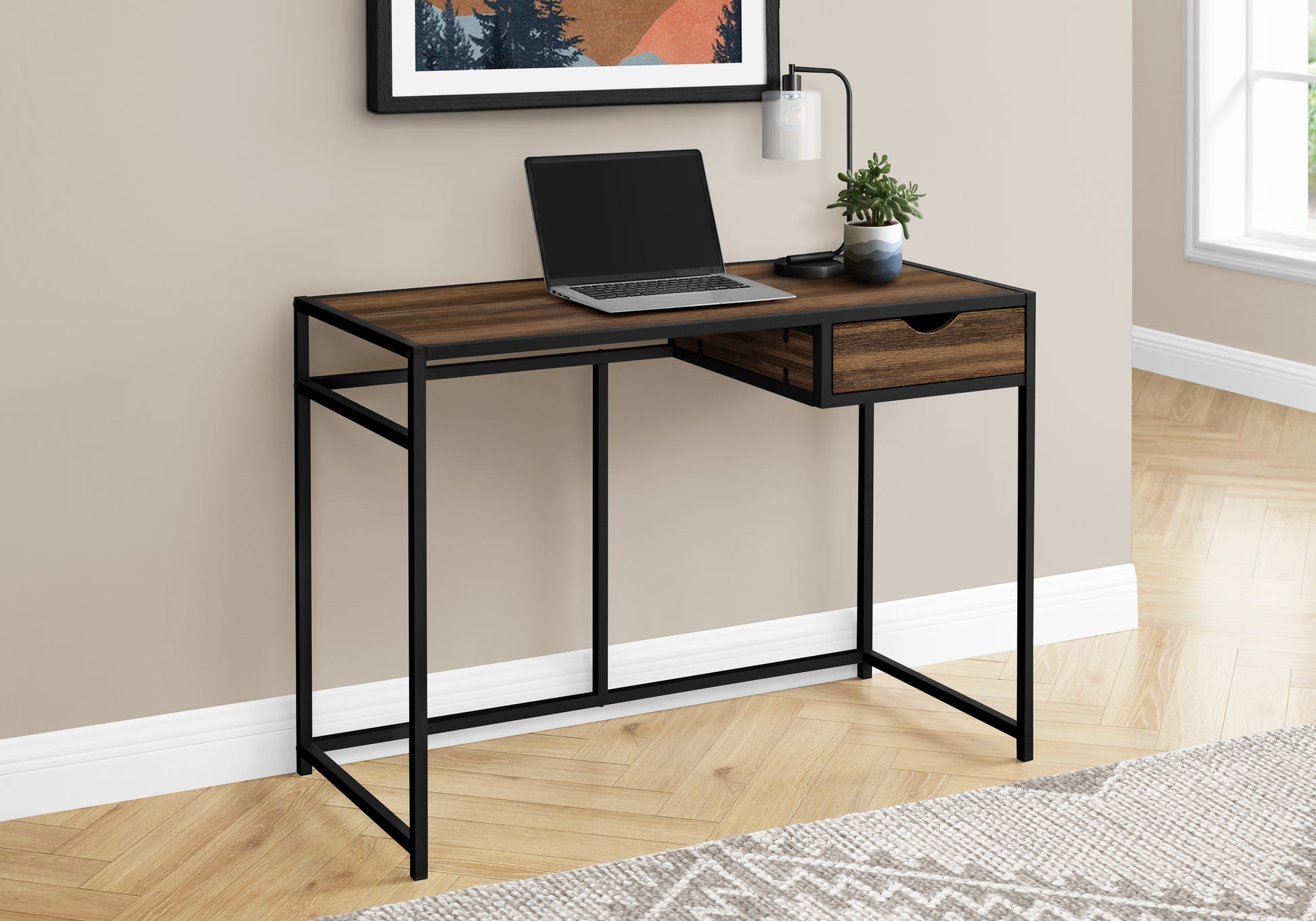 Computer Desk, Home Office, Laptop, Storage Drawer, 42"L, Work, Brown Laminate, Black Metal, Contemporary, Modern Brown Mdf