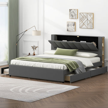 King Size Upholstery Platform Bed With Storage Headboard, 2 Drawers And Trundle, Gray King Gray Upholstered