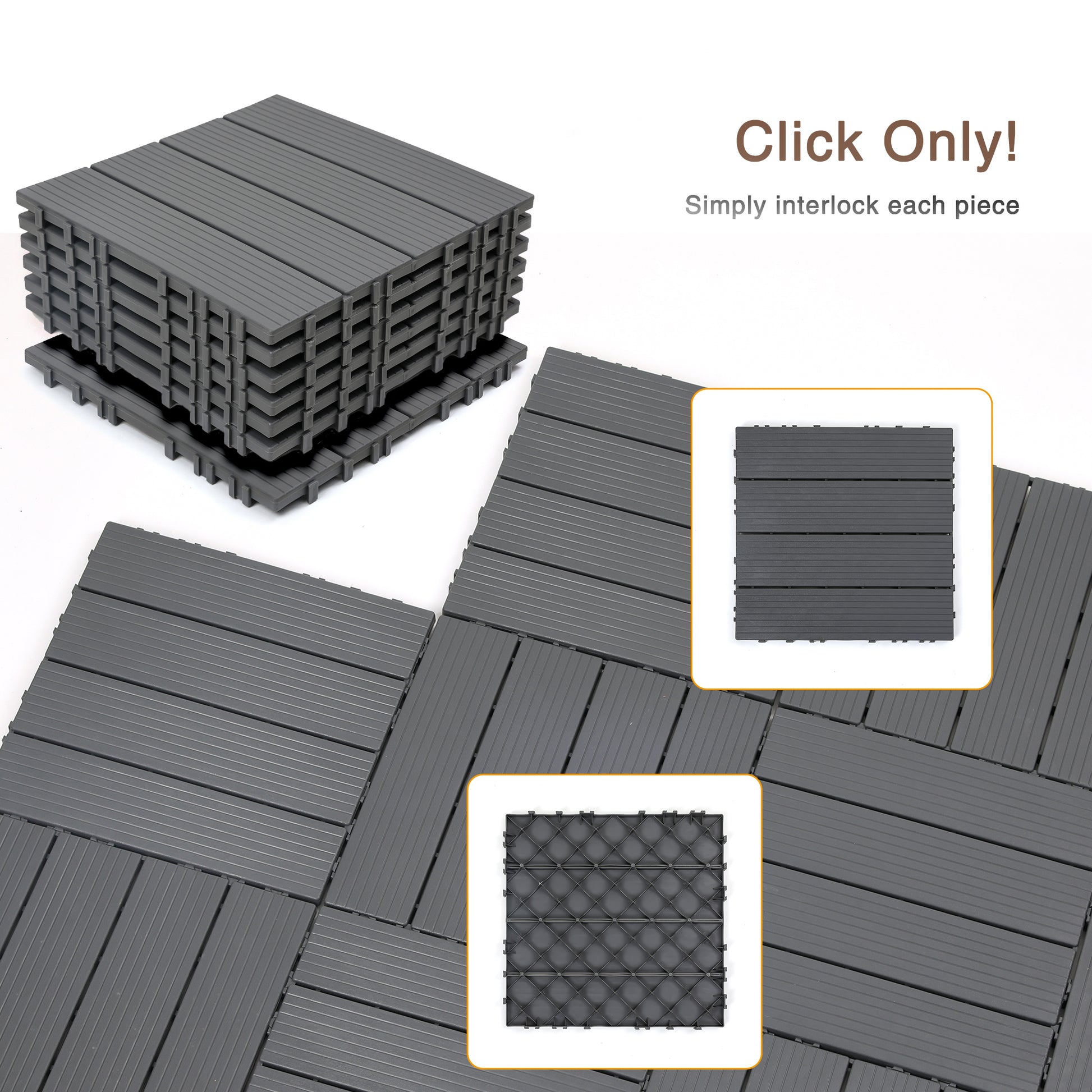 Plastic Interlocking Deck Tiles, 44 Pack Terrace Deck Tiles, 12 "X12" Square Waterproof Outdoor All Weather Use, Pool Balcony Backyard Terrace Deck Tiles,Grey Grey Polypropylene