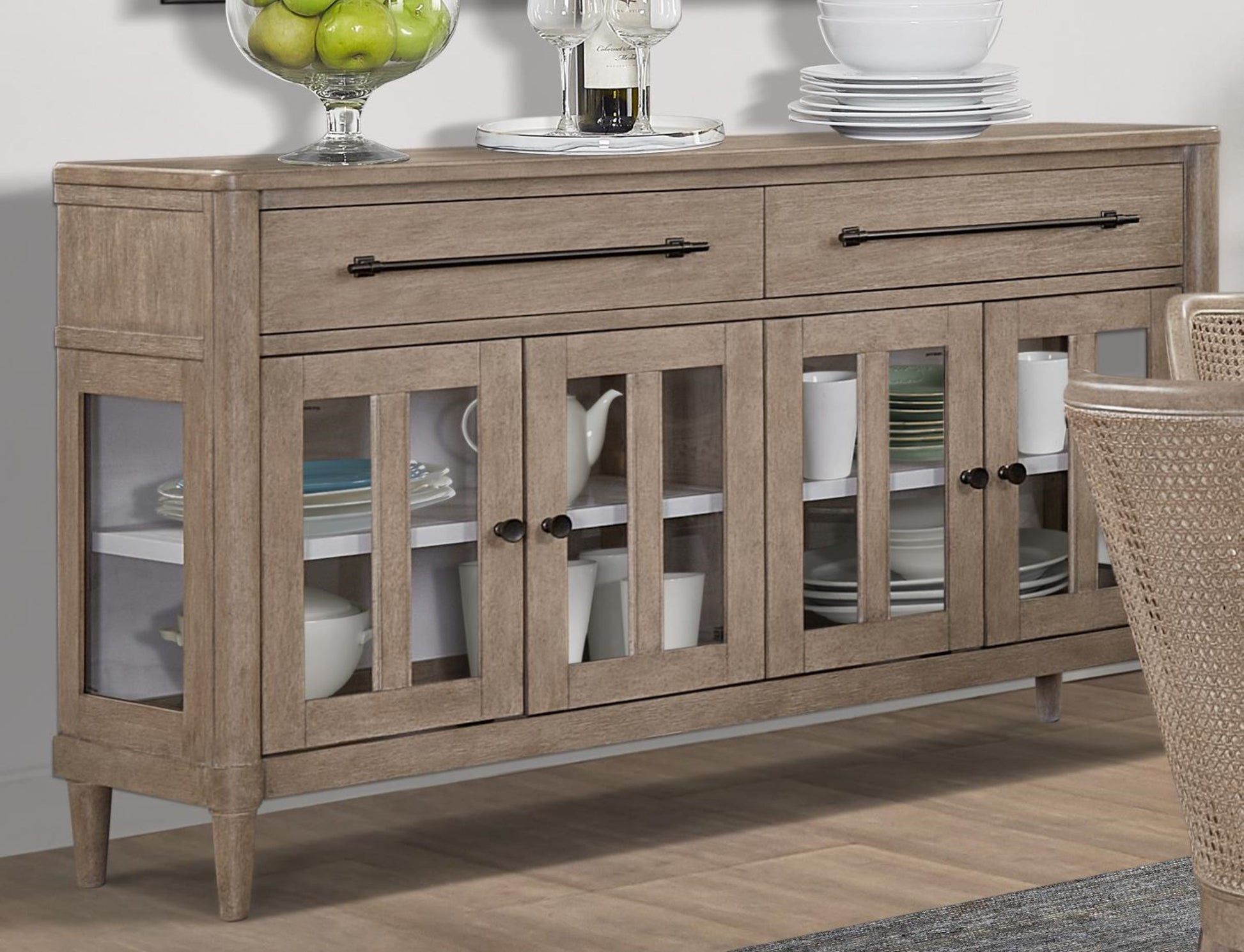 Power Raedy Buffet With Glass Cabinet Doors Sand Solid Wood Mdf