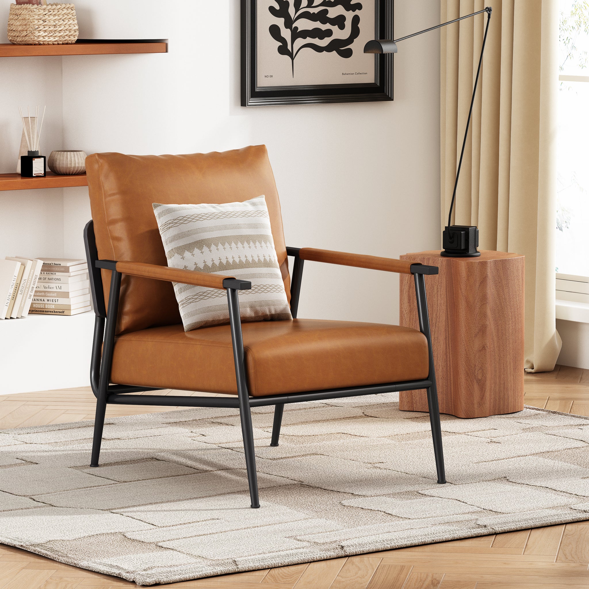 Mid Century Modern Accent Chair With Brown Faux Leather Upholstery, Padded High Backrest, Metal Frame And Faux Leather Wrapped Armrests, Perfect For Living Room, Bedroom, Or Office Brown Metal,Pu