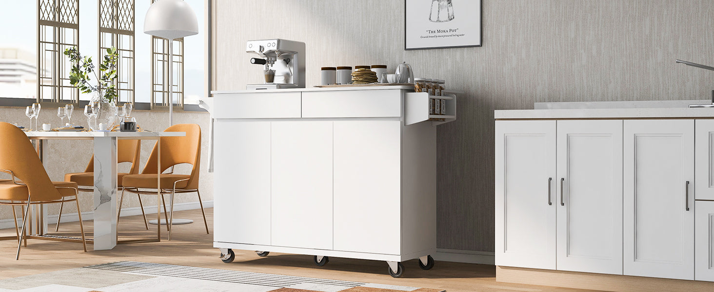 K&K 53.2'' Kitchen Island With Drop Leaf, Kitchen Storage Cart With Spice Rack, Towel Rack And 2 Drawers, Rolling Kitchen Island On Wheels With Adjustable Shelves For Kitchen, Dining Room, White White Brown Kitchen Artsy,Casual,Classic,Minimalist,Modern
