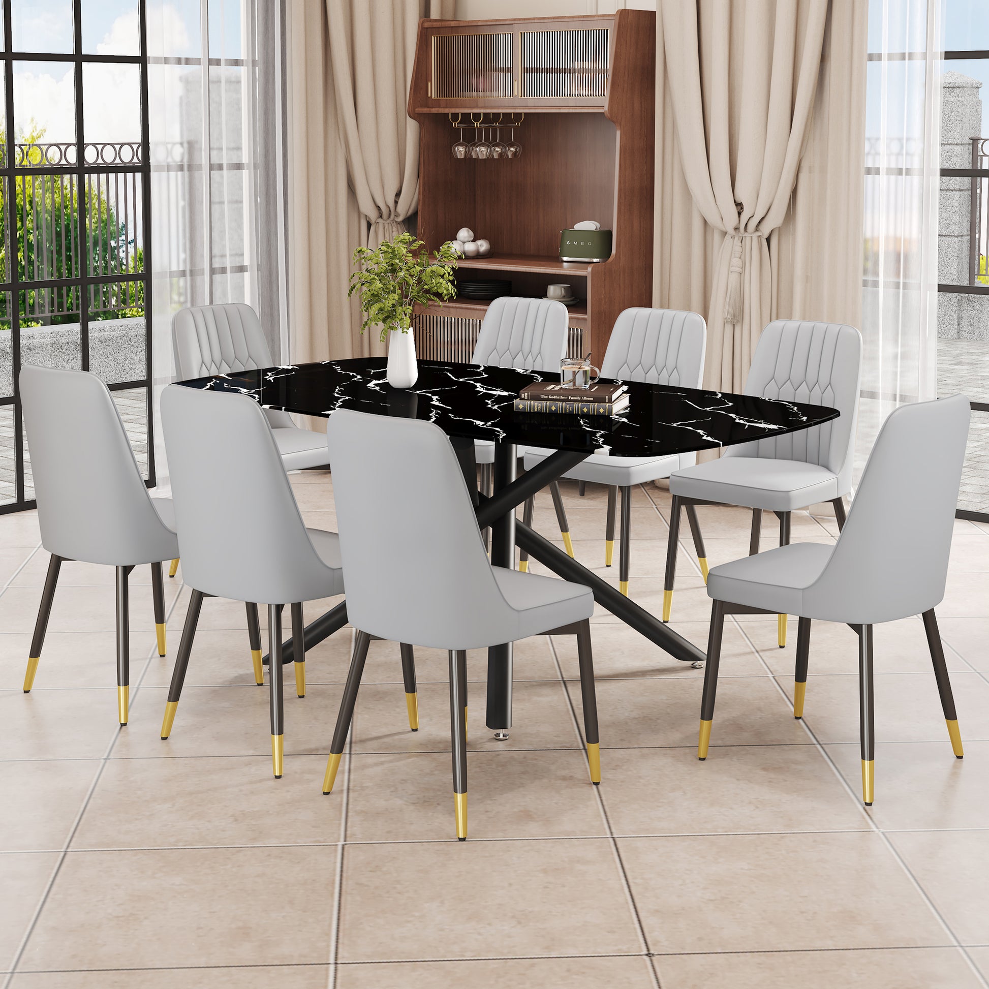 1 Table And 8 Chairs Set.A Rectangular Dining Table With A Imitation Marble Black Table Top And Black Metal Legs.Paired With 8 Chairs With Pu Leather Seat Cushion And Black Metal Legs.F 1537,C 007 Grey Glass Metal