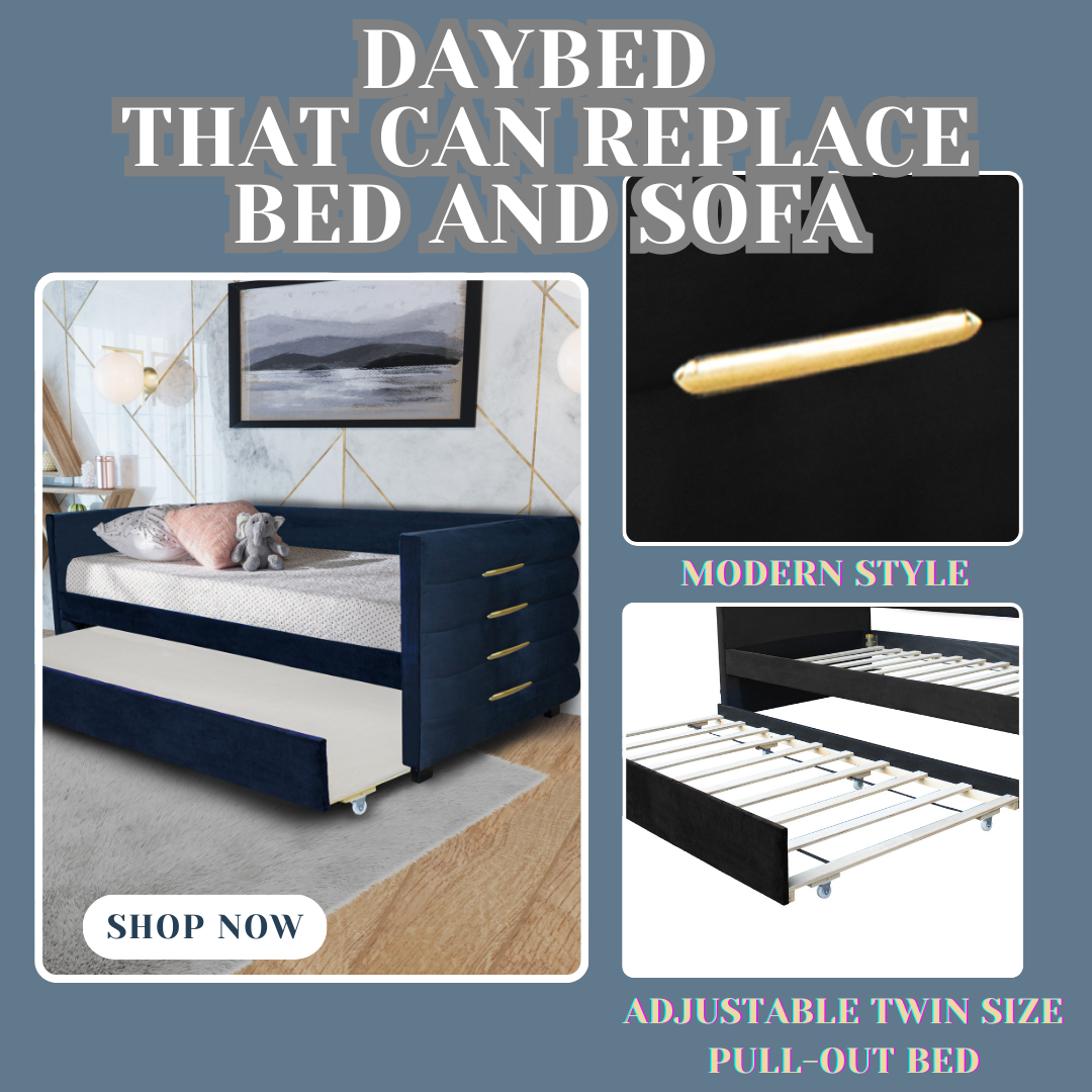 Black Upholstered Twin Size Daybed With Trundle, Velvet Fabric, Gold Iron Bar Design, No Springs Required, Moderen Style Box Spring Not Required Twin Black Wood Espresso Bedroom Minimalist,Modern,Ultra Modern Rubberwood Fiber Foam And Polyester Fiber Pad