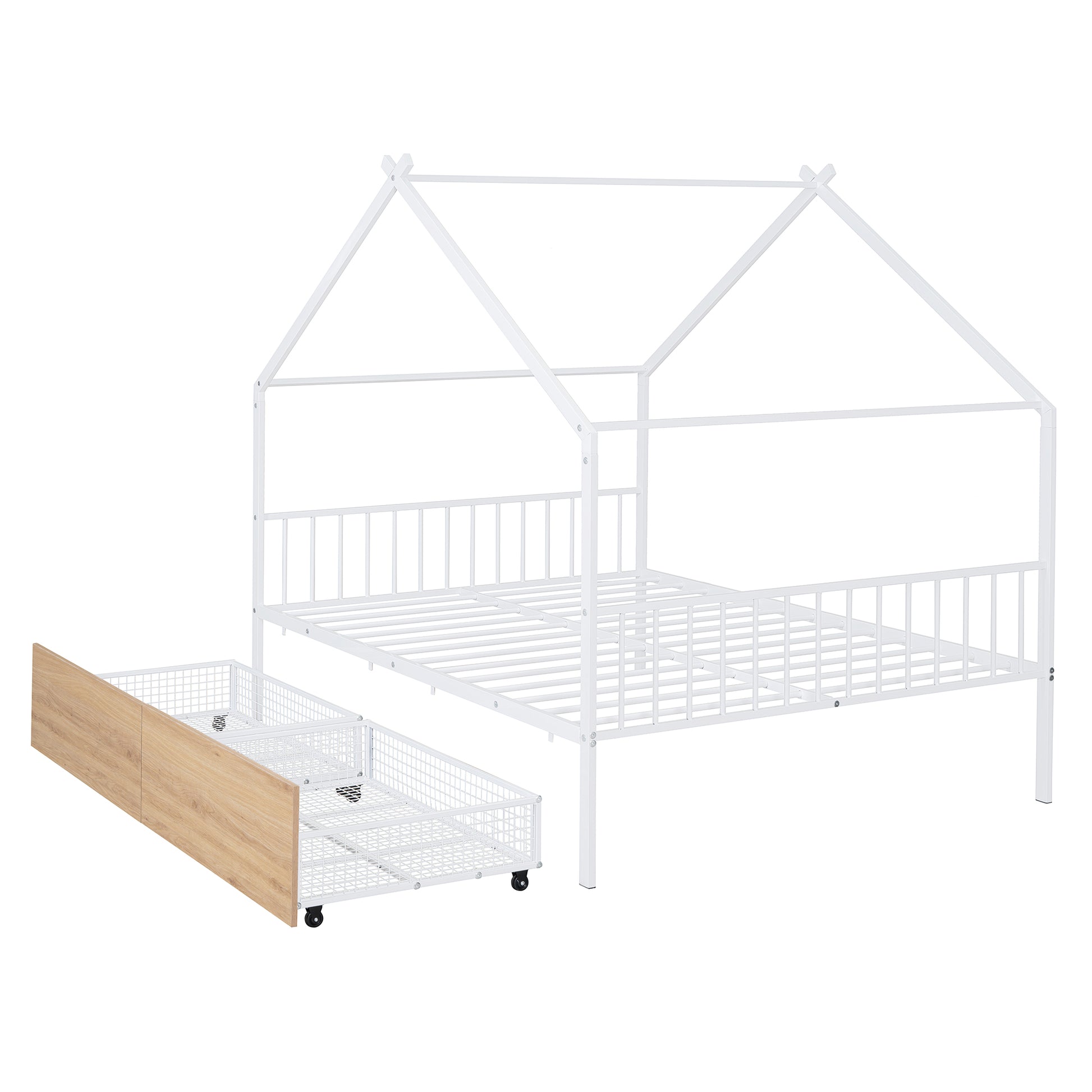 Full Size Metal House Bed With Two Drawers, White Full White Metal