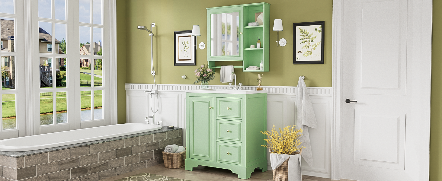 30 Inch Bathroom Vanity With Sink, Modern Elegant Bathroom Storage Cabinet With 3 Drawers And Adjustable Shelves, Freestanding Vanity Set With Mirror Cabinet, Single Sink Bathroom Vanity Green Bathroom Solid Wood Mdf Glass