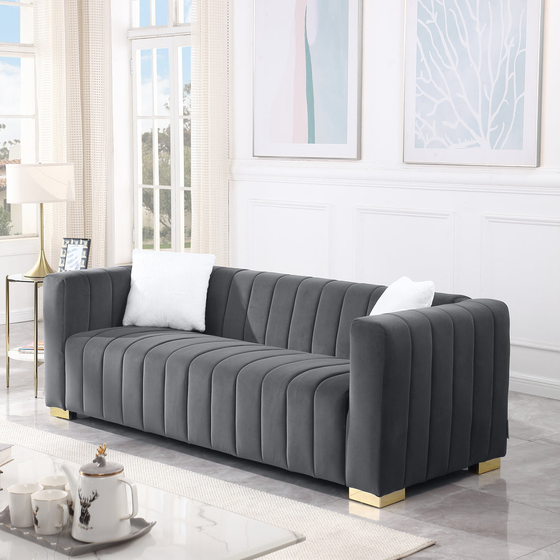 A Modern Channel Sofa Take On A Traditional Chesterfield,Grey Color,3 Seater Grey Velvet 3 Seat