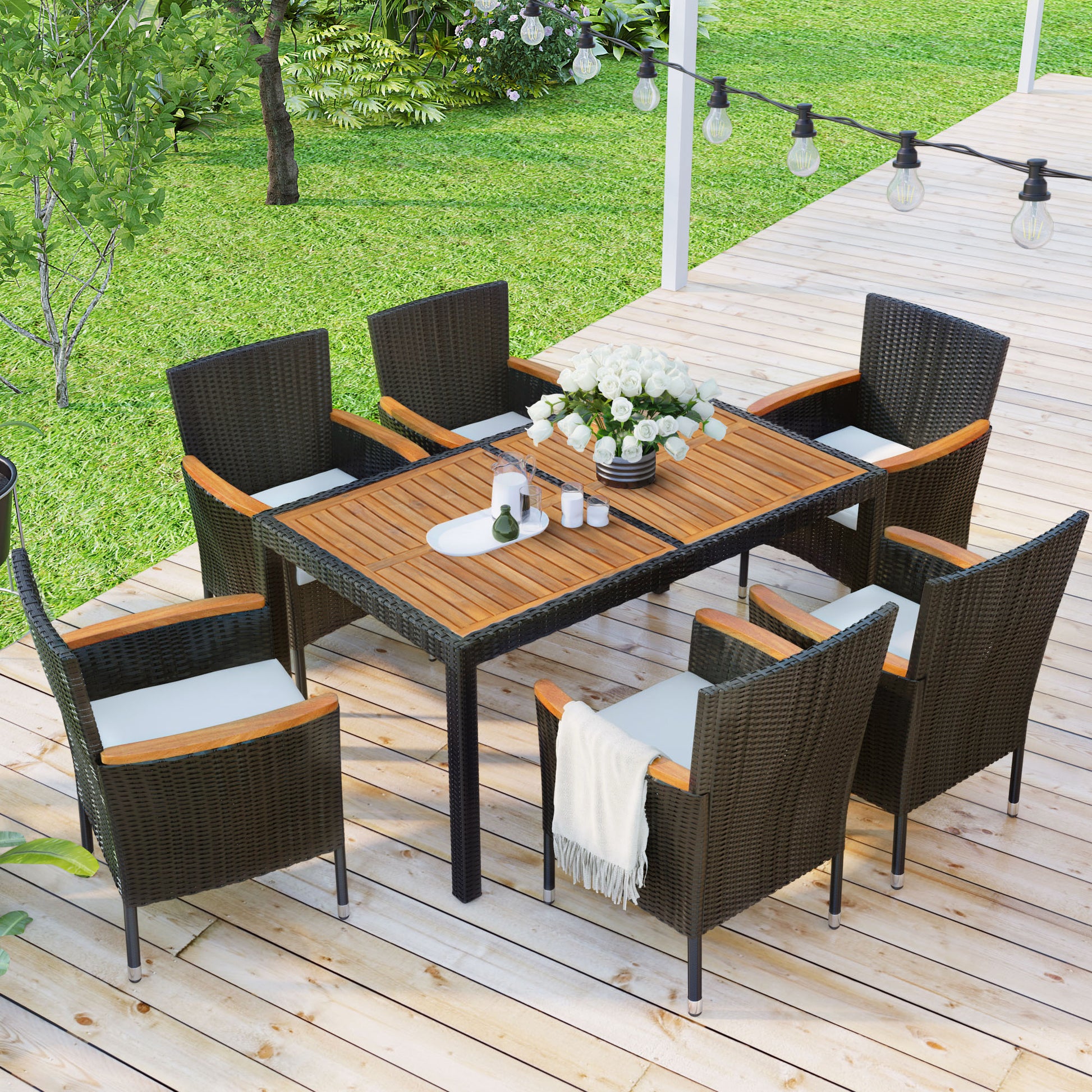 7 Piece Outdoor Patio Dining Set, Garden Pe Rattan Wicker Dining Table And Chairs Set, Acacia Wood Tabletop, Stackable Armrest Chairs With Cushions, Brown Yes Dining Set Brown Garden & Outdoor