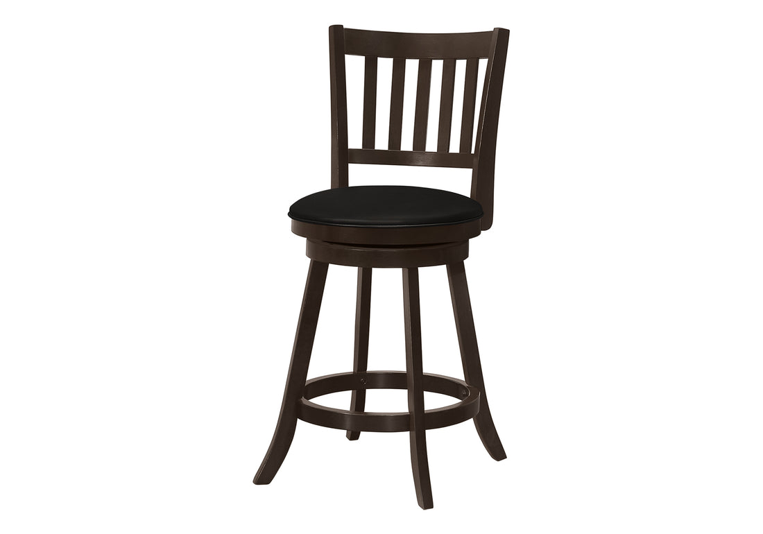 Bar Stool, Set Of 2, Swivel, Counter Height, Kitchen, Brown Wood, Black Leather Look, Transitional Espresso Foam Solid Wood