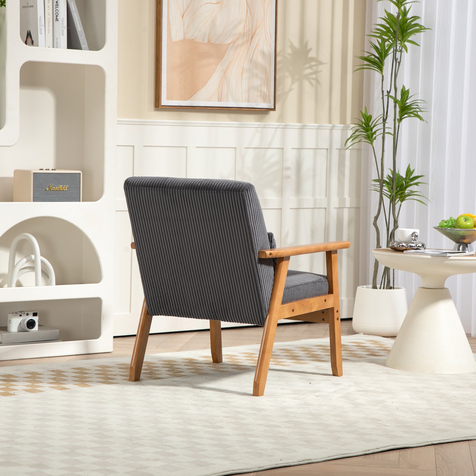 Leisure Chair With Solid Wood Armrest And Feet, Leisure Chair, Wood Frame, Velvet, L, Solid Rubber Wood Legs, Mid Century Modern Accent Chair, For Living Room Bedroom Studio Chair Dark Gray Corduroy