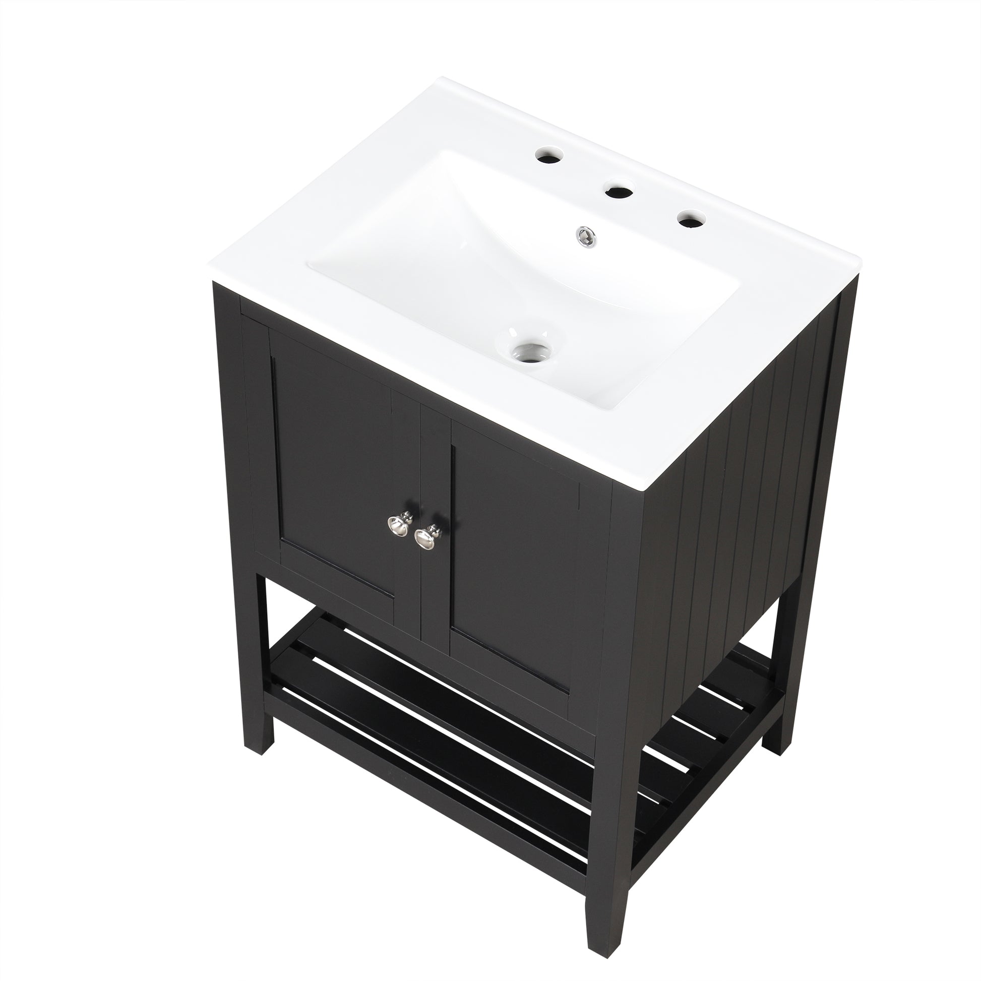 Video 24" Black Modern Sleek Bathroom Vanity Elegant Ceramic Sink With Solid Wood Frame Open Style Shelf Black Solid Wood Mdf