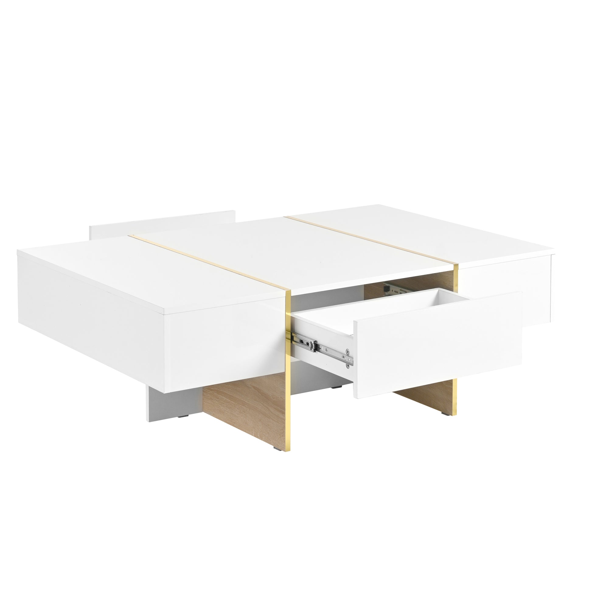 47.2'' X 31.4''Minimalist High Gloss Coffee Table With 2 Drawers, Multi Storage Rectangle Sofa Table With Golden Wood Grain Legs, Modern Center Table For Living Room, White White Particle Board Mdf