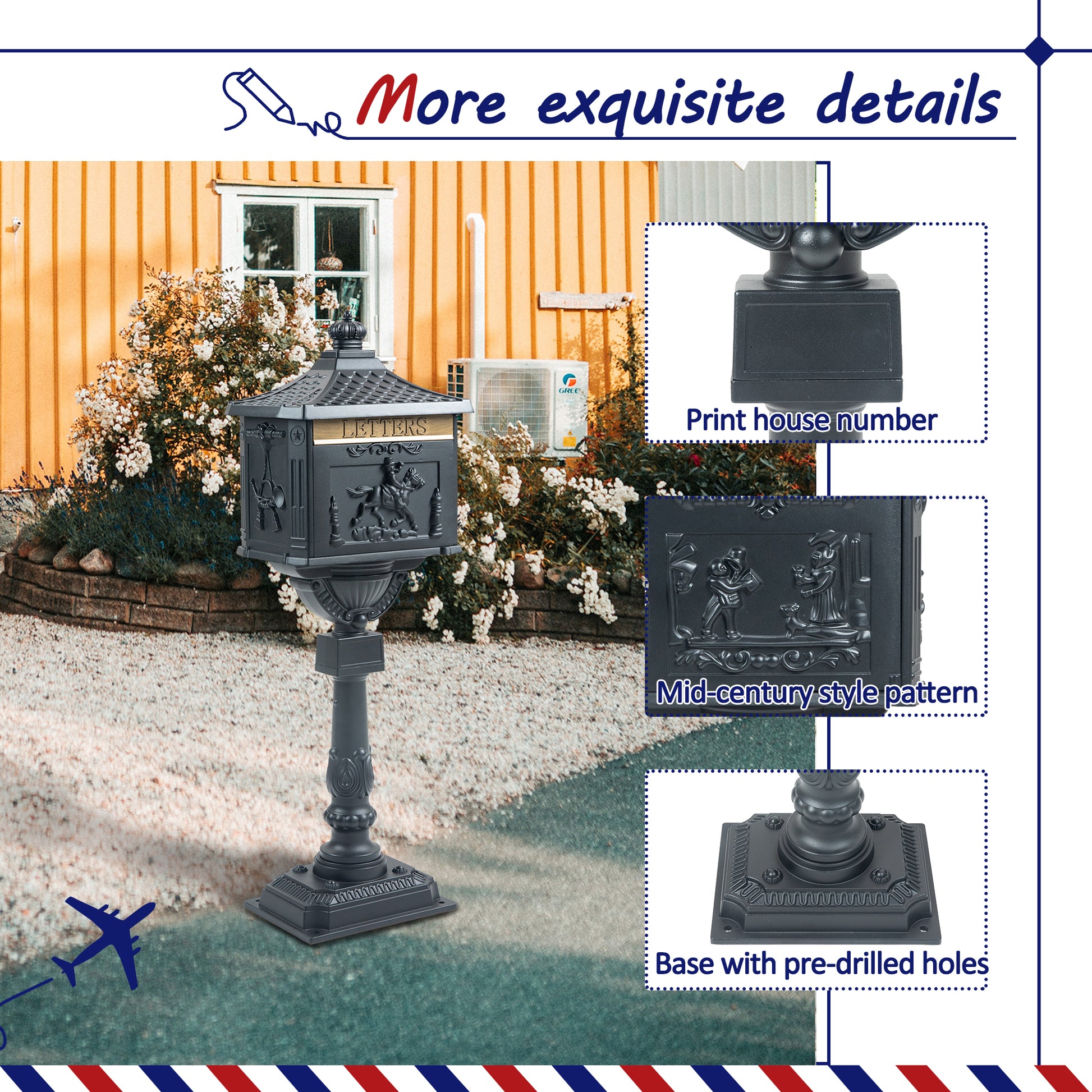 Mailbox Cast Aluminum Black Mail Box Postal Box Security Heavy Duty Black Aluminium