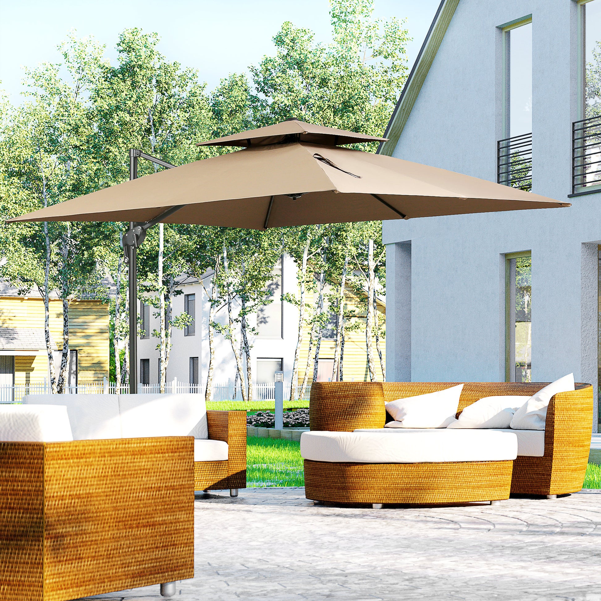 Outsunny 10Ft Offset Patio Umbrella With Base, Double Top Hanging Alum Outsunny 10Ft Offset Patio Umbrella With Base, Double Top Hanging Alum
