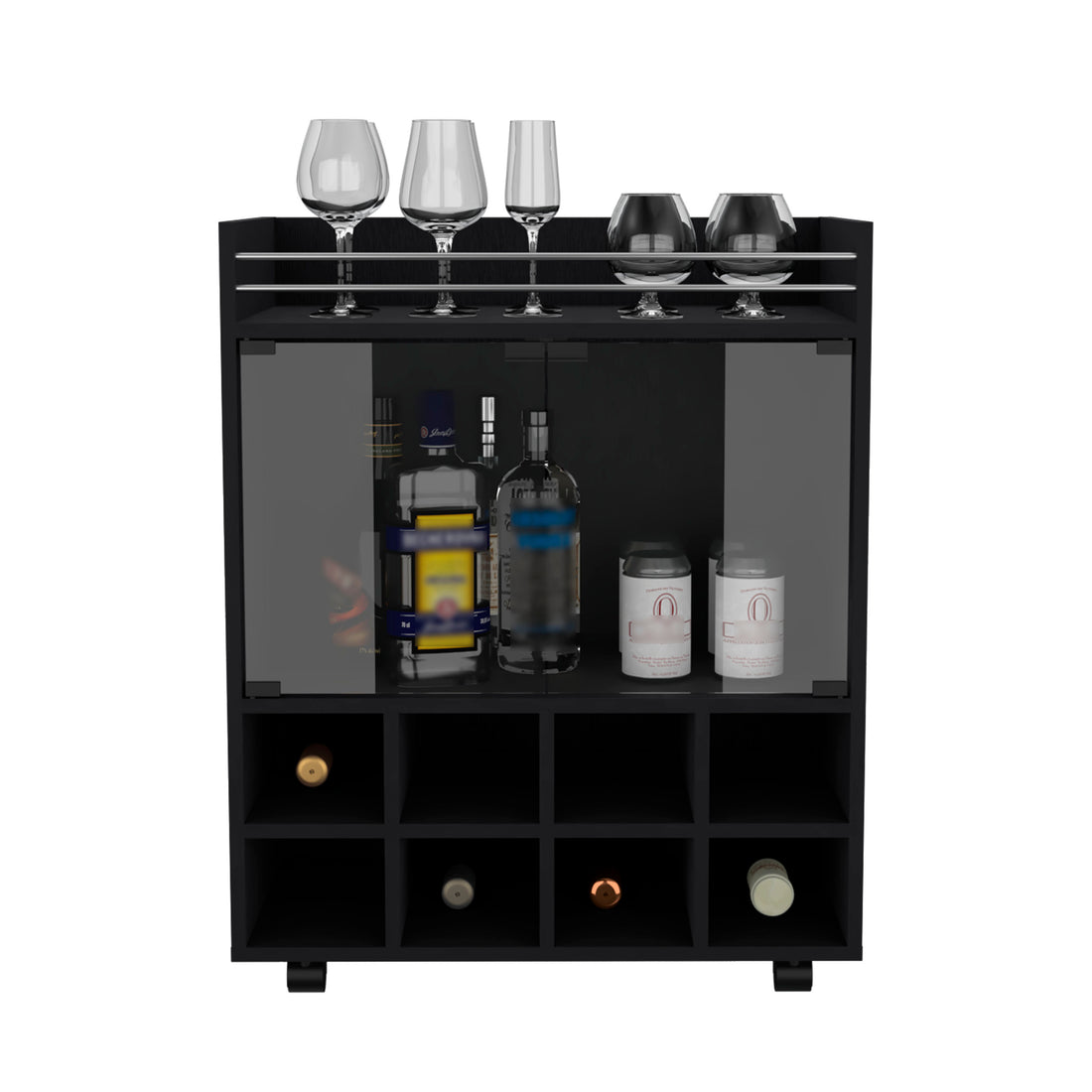 32" H Black Bar Coffee Cart, Kitchen Or Living Room Cabinet Storage With 4 Wheels, With 8 Bottle Racks, A Central Shelf Covered By 1 Galss Door, Ideal For Storing Glasses And Snacks Black Particle