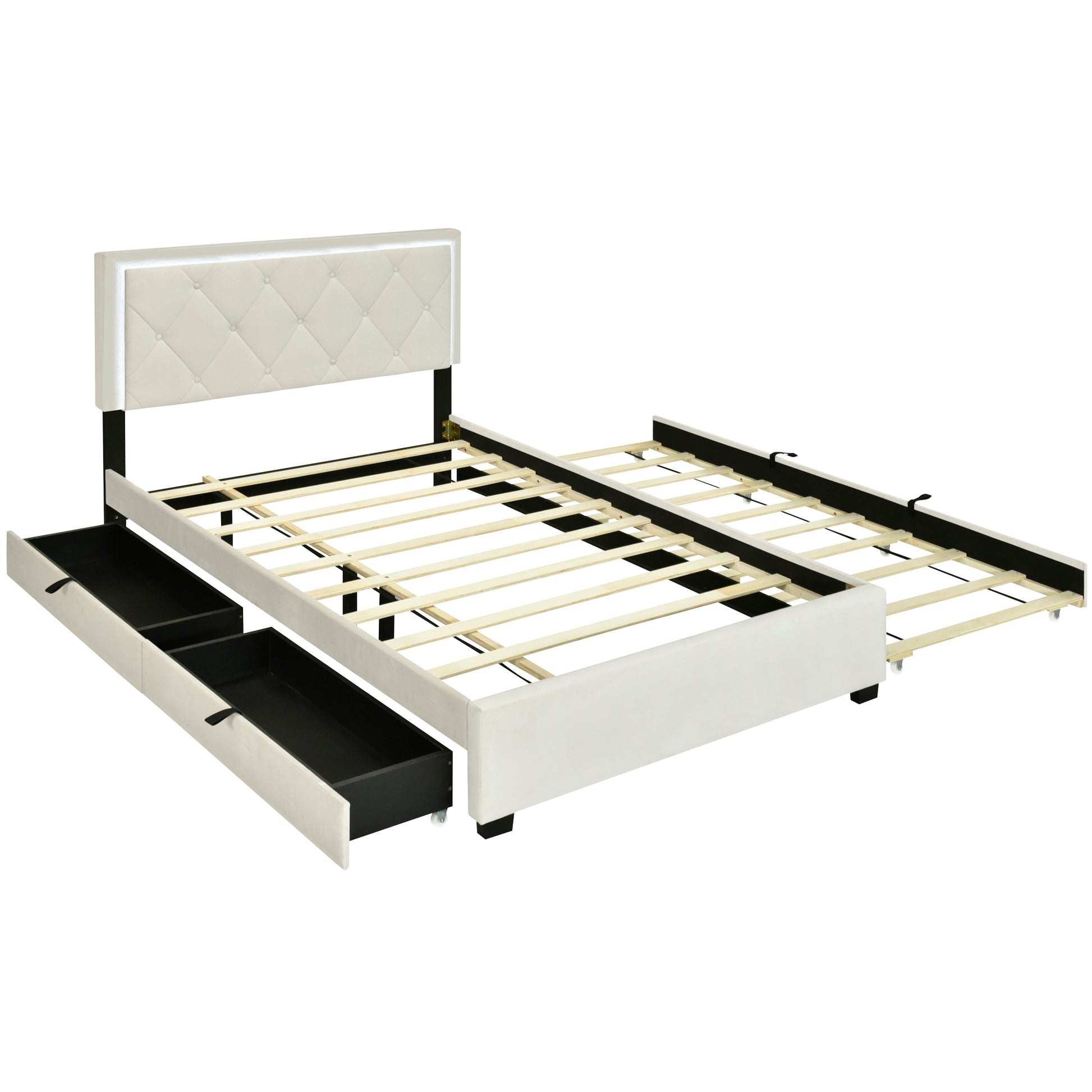 Full Size Velvet Storage Platform Bed, With 2 Big Drawers, T Size Trundle And Led Light, Beige Beige Velvet