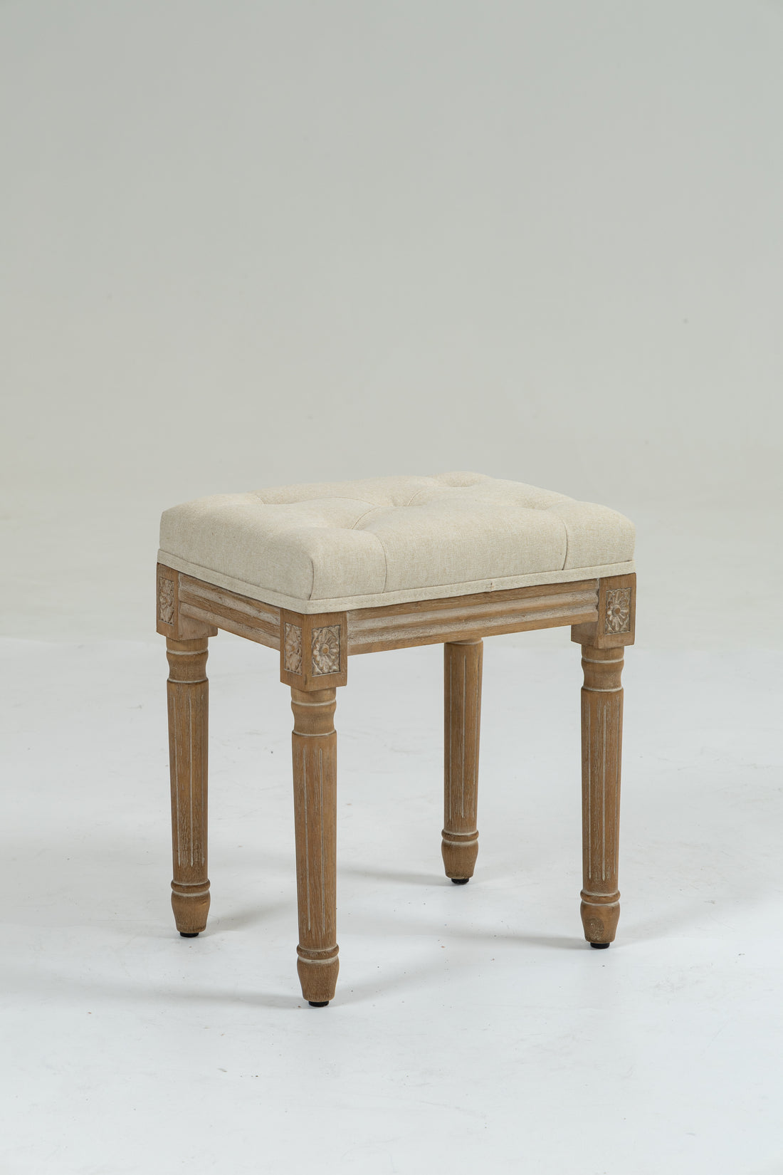 Small Padded Bench, Square Upholstered Rustic Ottoman Bench, Vanity Stools For Bedroom Rubberwood Beige Rubber Wood