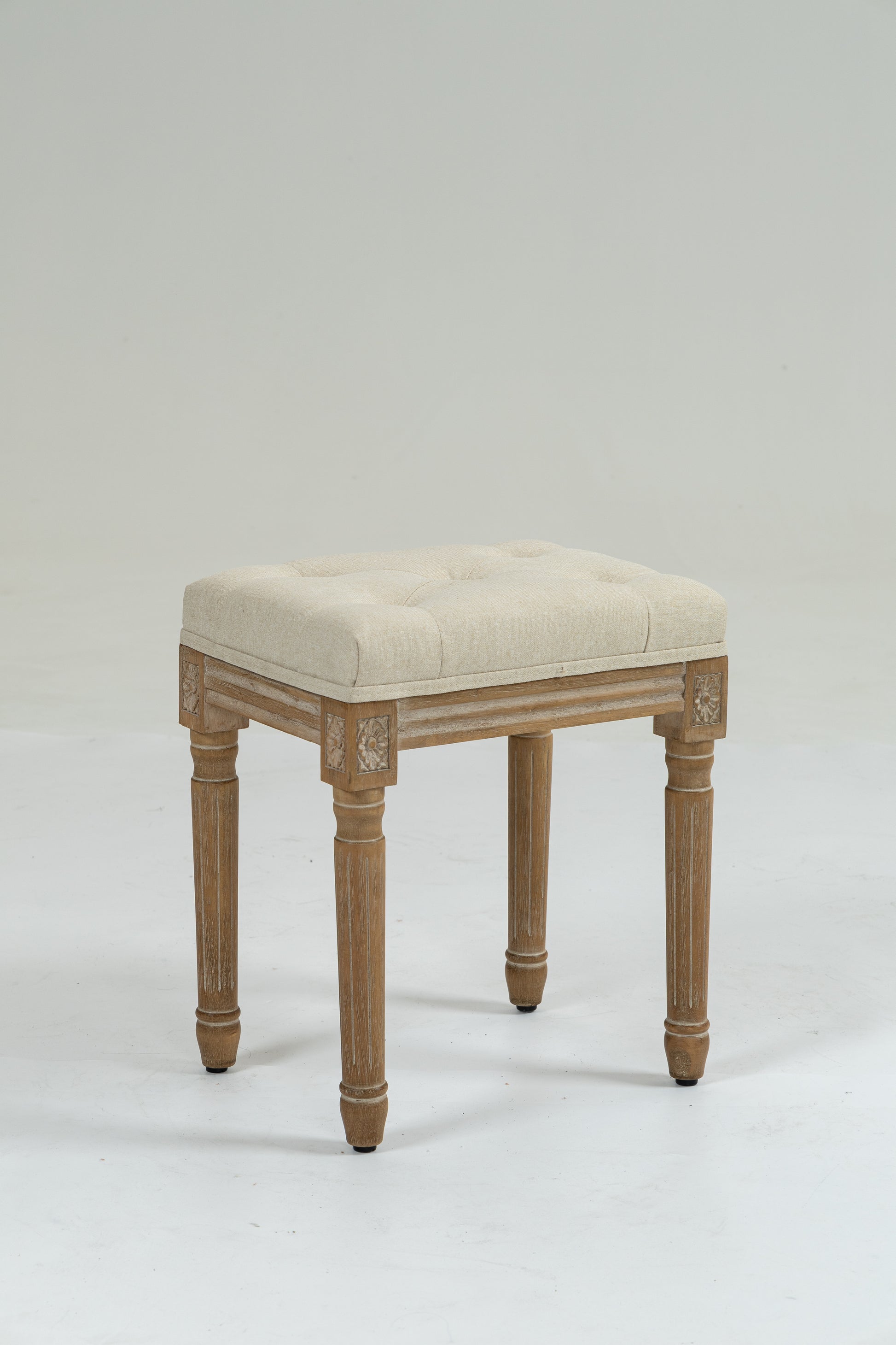 Small Padded Bench, Square Upholstered Rustic Ottoman Bench, Vanity Stools For Bedroom Rubberwood Beige Rubber Wood