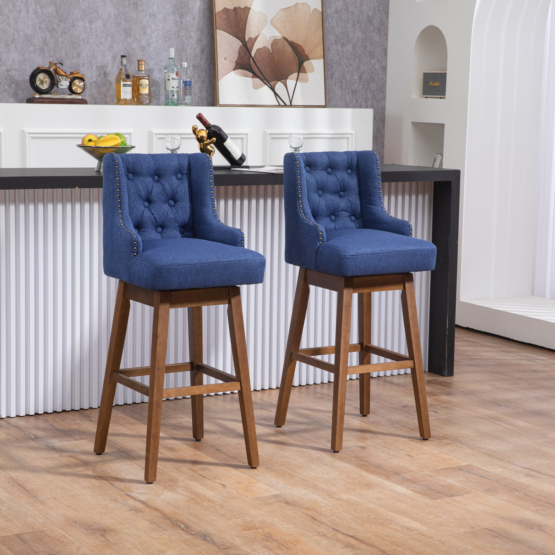 Coolmore Bar Stools Set Of 2 Counter Height Chairs With Footrest For Kitchen, Dining Room And 360 Degree Solid Wood Legs Swivel Bar Stools Set Of 2 Navy Linen Navy Foam Linen