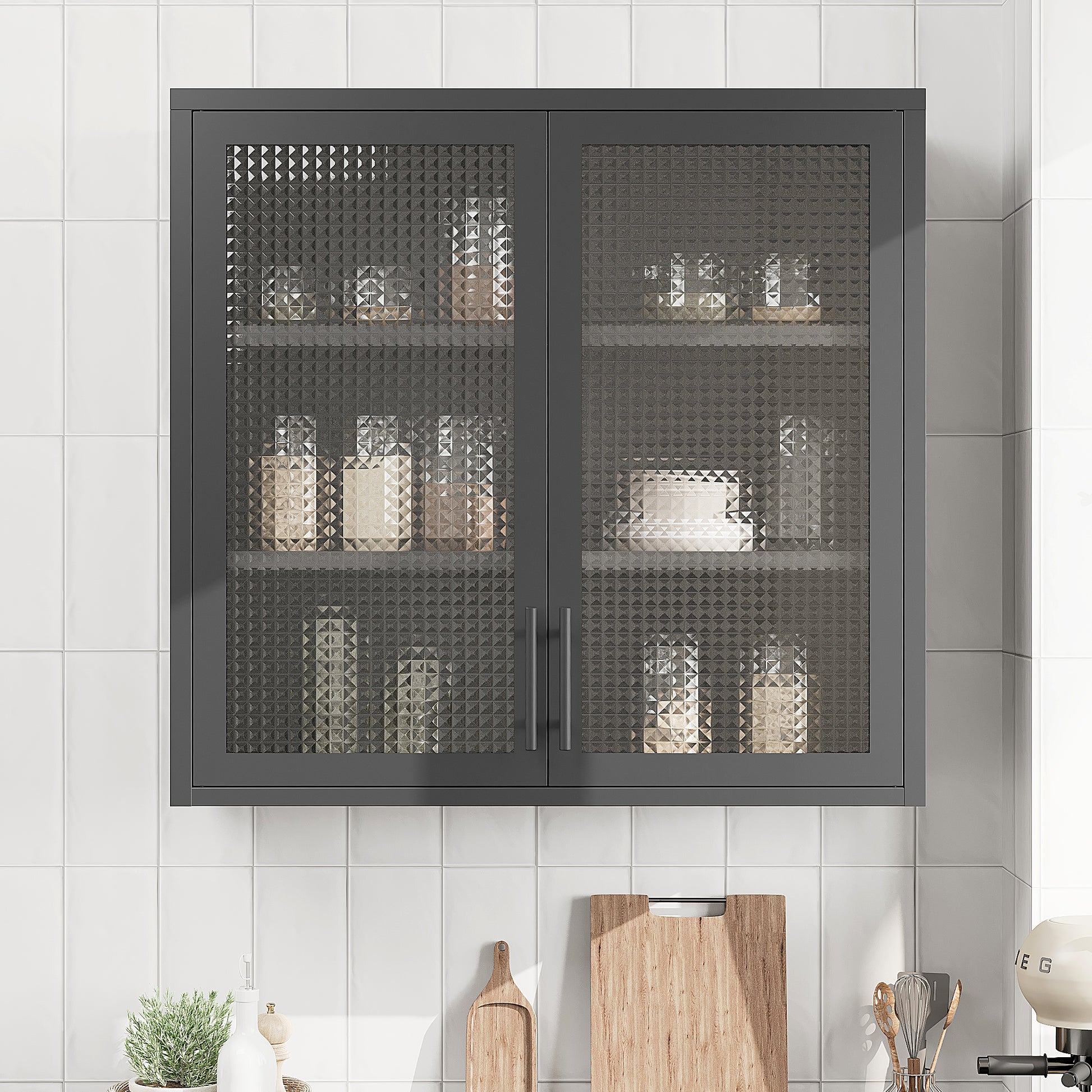 Retro Style Wall Mounted Cabinet Table Top Storage Cabinet With Hazy Glass Doors And 2 Adjustable Shelves For Bathroom Kitchen Living Room Kitchen Hallway Black Outdoor Paint, Waffle Grids Glass Square 3 4 Shelves Powder Coated Black Kitchen Glass Doors