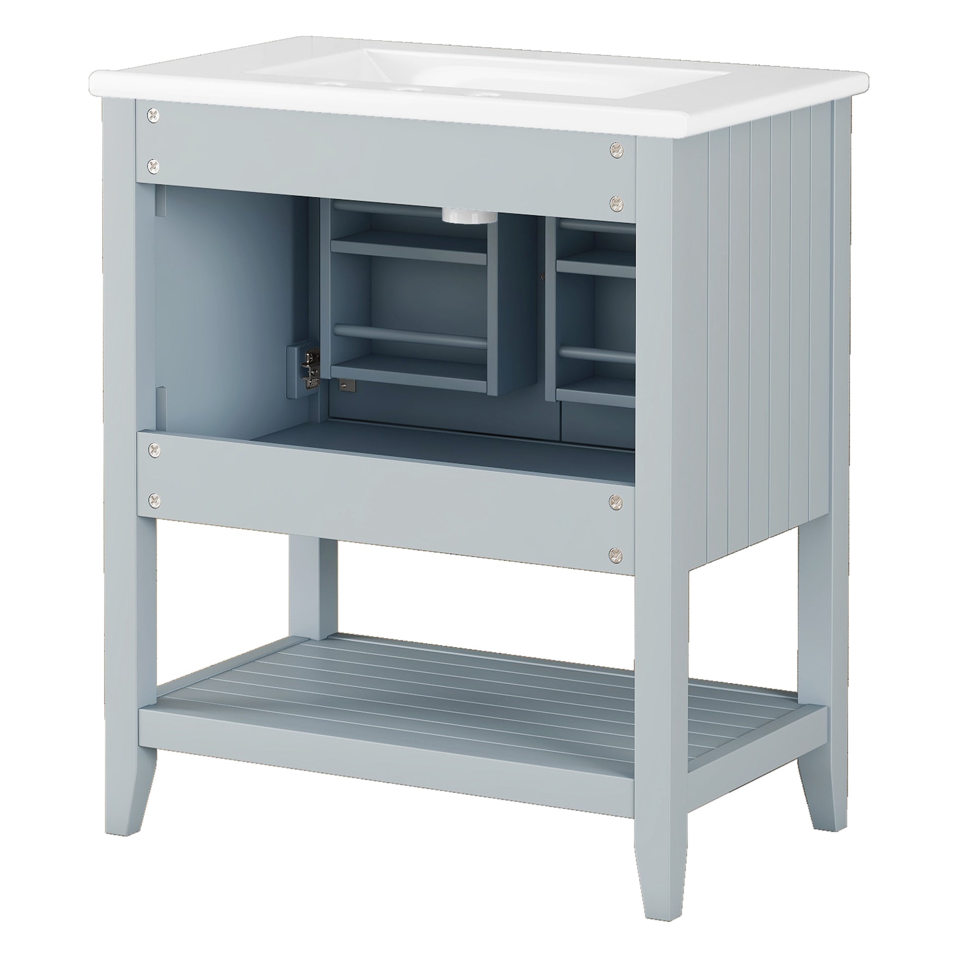 30" Gray Modern Sleek Bathroom Vanity Elegant Ceramic Sink With Solid Wood Frame Open Style Shelf & Door Shelf Design Gray Solid Wood