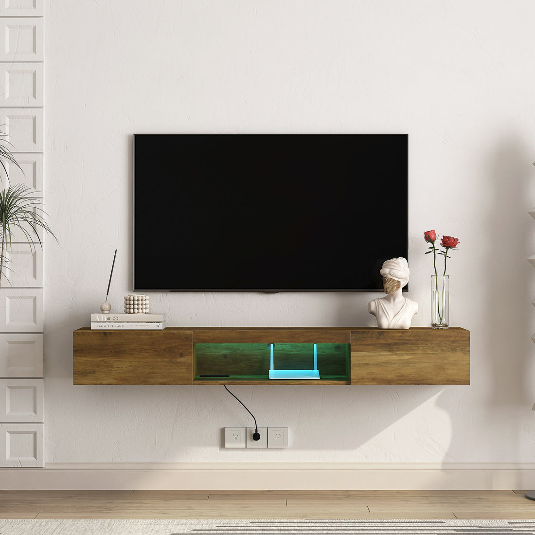 Floating Tv Stand, Wall Mounted Tv Shelf With Led Lights & Power Outlet,Wall Mounted Floating 65" Tv Stand With 16 Color Leds Brown Wood 60 69 Inches Mdf