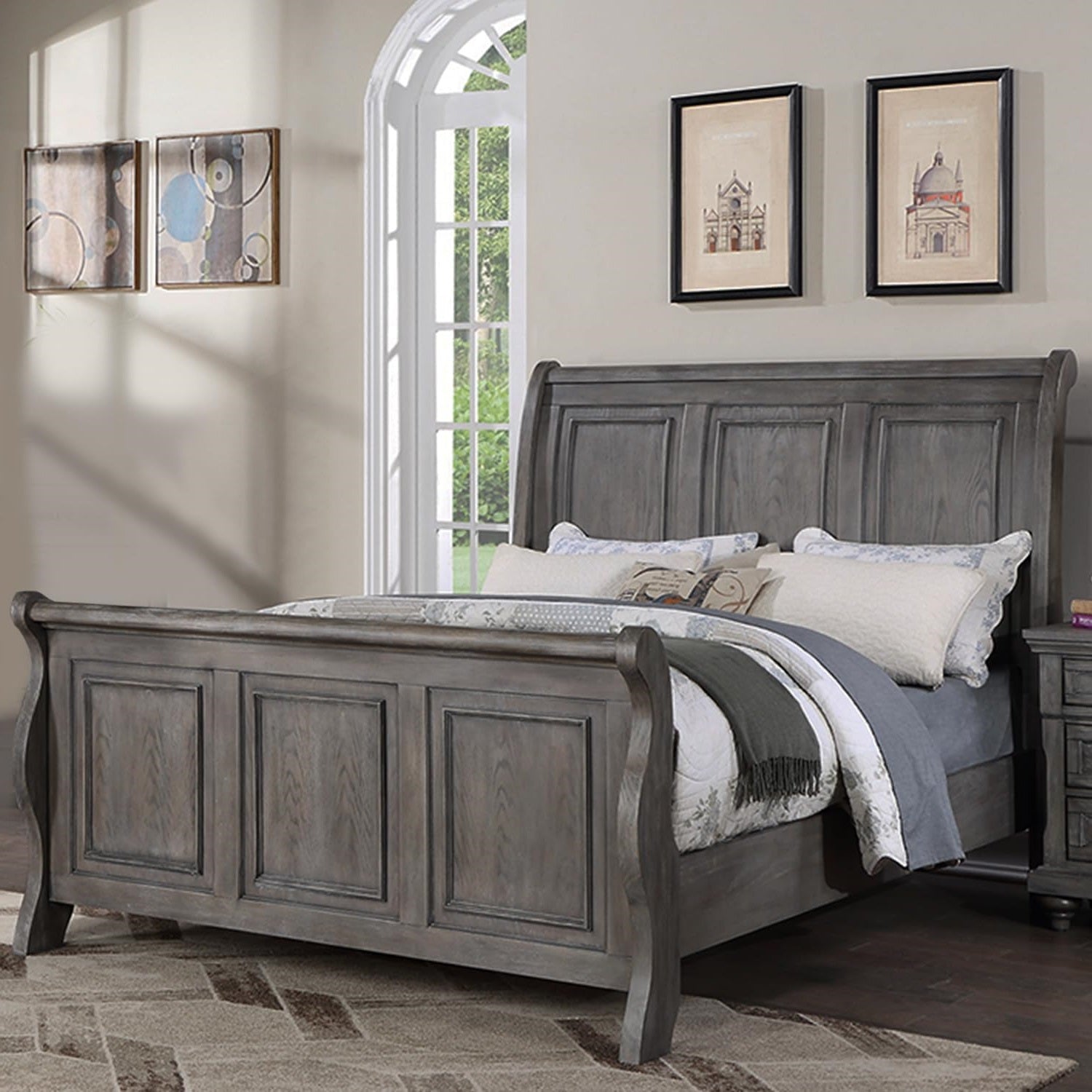Grey Sleigh Design Headboard Fb 1Pc Eastern King Size Panel Bed Beautiful Wooden Bedroom Furniture Antique Gray Oak Finish Box Spring Required King Antique Gray,Gray Wood Bedroom