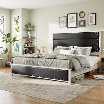King Size Bed Frame With Upholstered Headboard, King Bed Frame With Charging Station And Led Lights, Wood Slats, Dark Gray Faux Leather & Rivets, No Box Spring Needed, Easy Assembly Box Spring Not Required King Antique White Gray Wood Bedroom Bed Frame