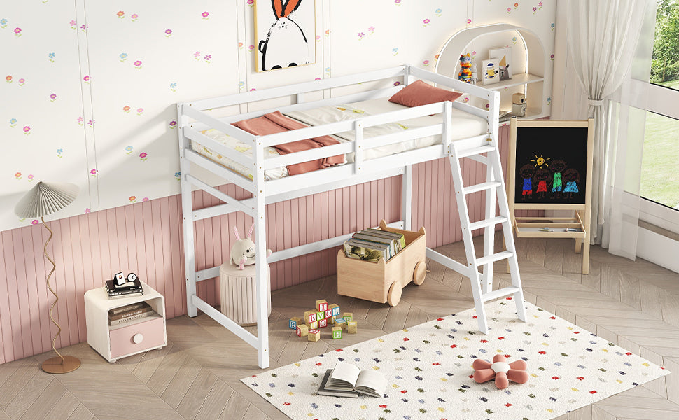 Twin Size High Loft Bed With Inclined Ladder, Guardrails,White Twin White American Design Pine