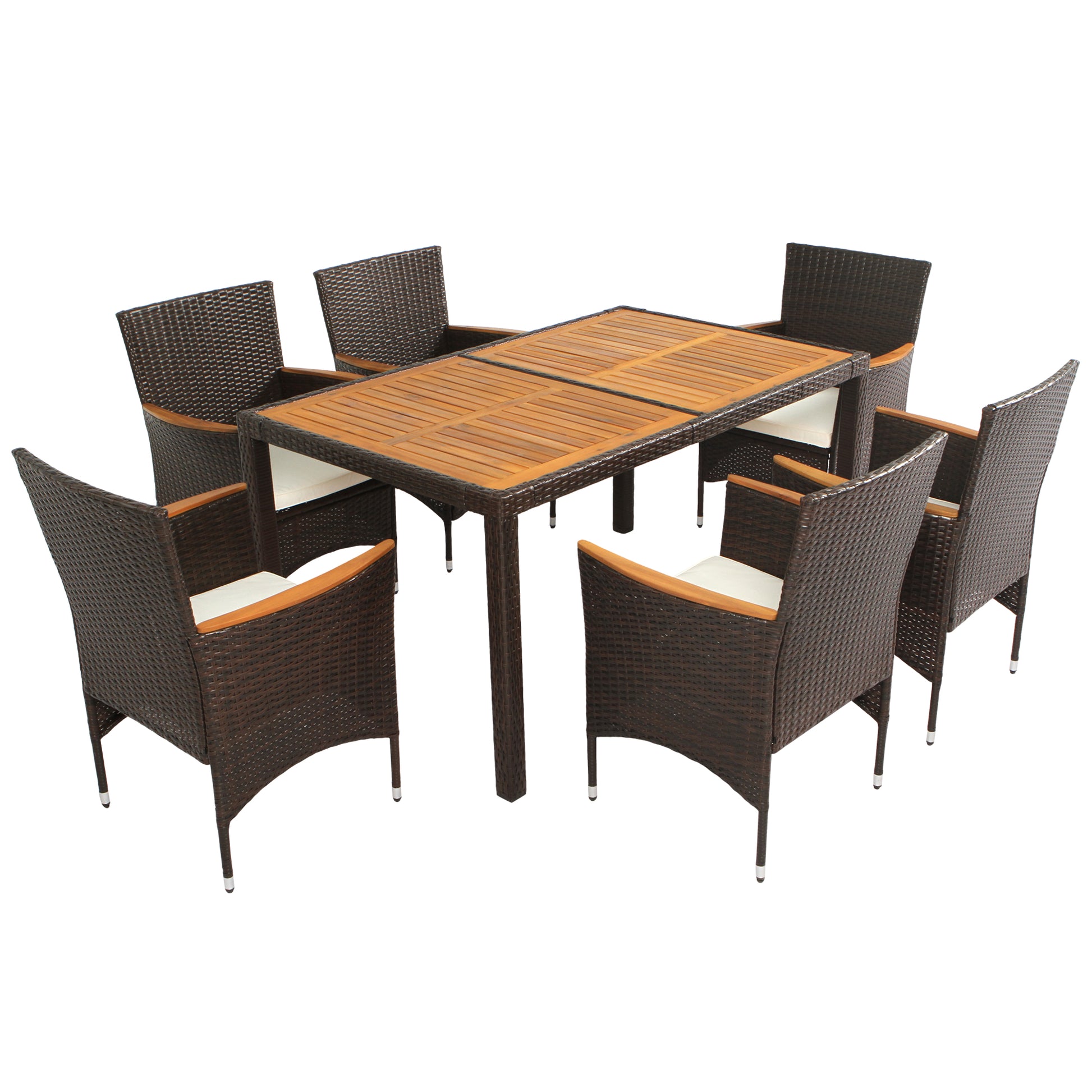 7 Piece Outdoor Patio Dining Set, Garden Pe Rattan Wicker Dining Table And Chairs Set, Acacia Wood Tabletop, Stackable Armrest Chairs With Cushions, Brown Yes Dining Set Brown Garden & Outdoor