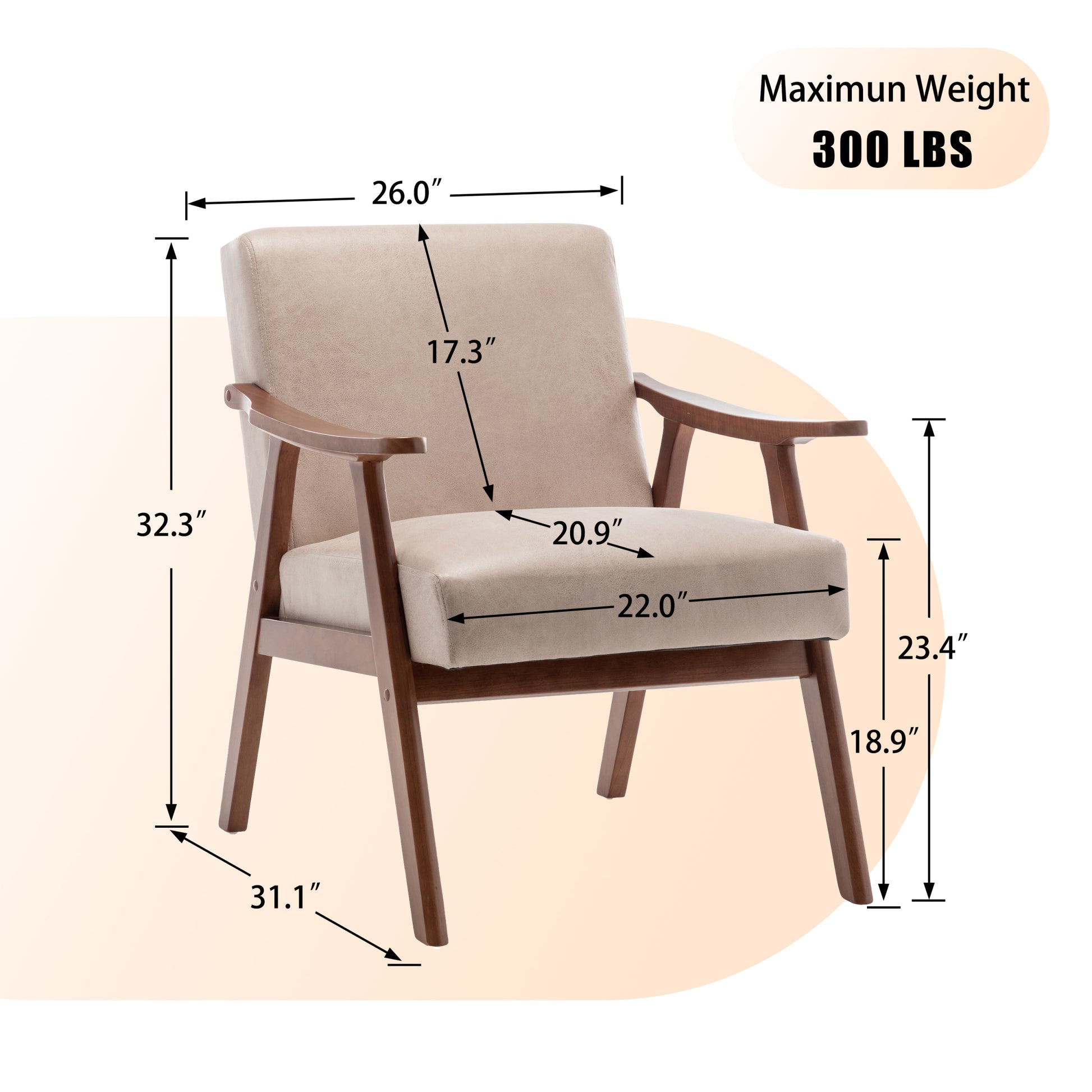 Mid Century Modern Chair, Living Room Chair With Solid Wood Frame, Accent Chair Extra Thick Backrest, Wingback Chair For Bedroom, Reading Room, Living Room, Lounge Chair Indoor Light Camel Primary Living Space Mid Century Modern Foam Fabric
