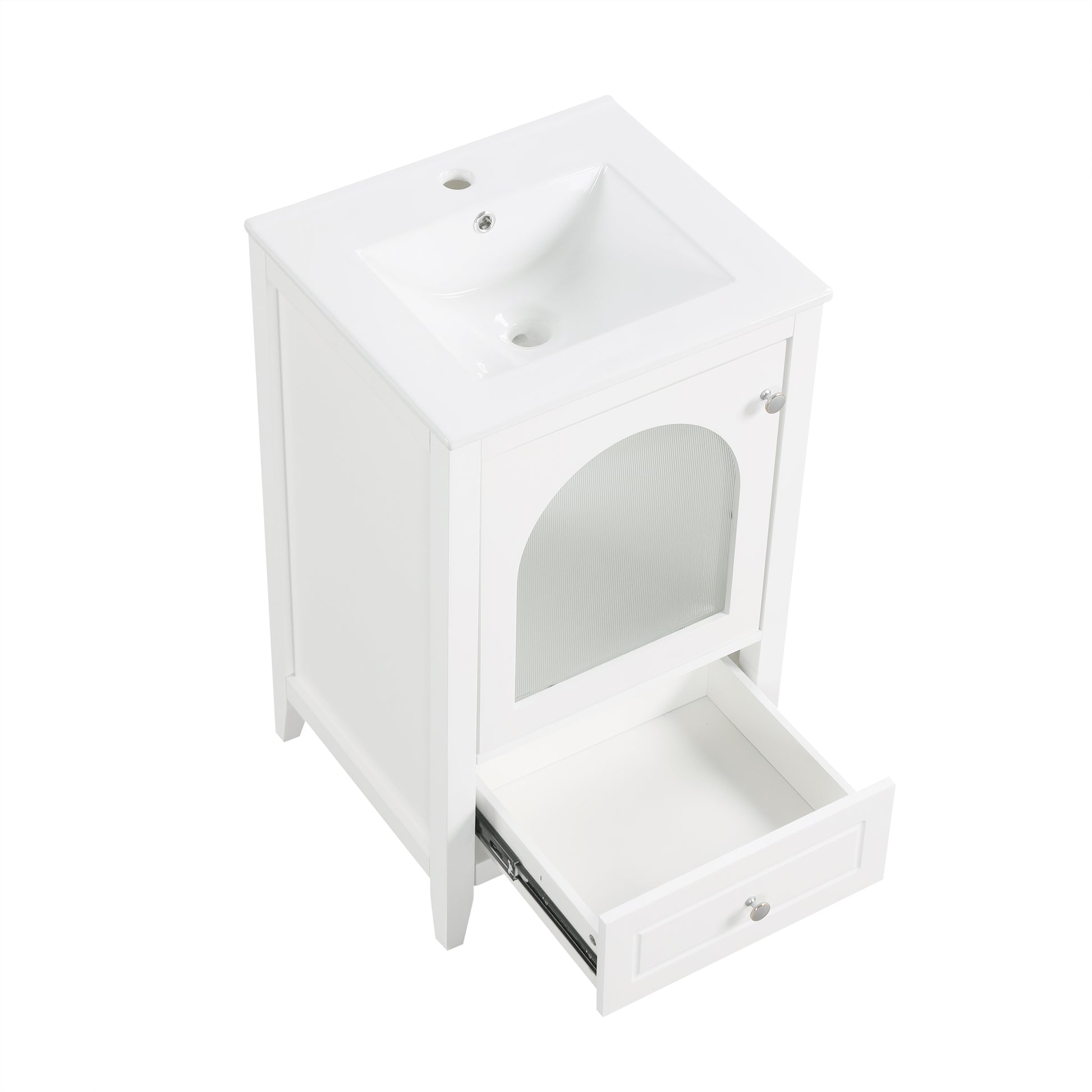 20" Bathroom Vanity With Sink, Bathroom Cabinet With Soft Closing Glass Door, A Drawer, White White Mdf