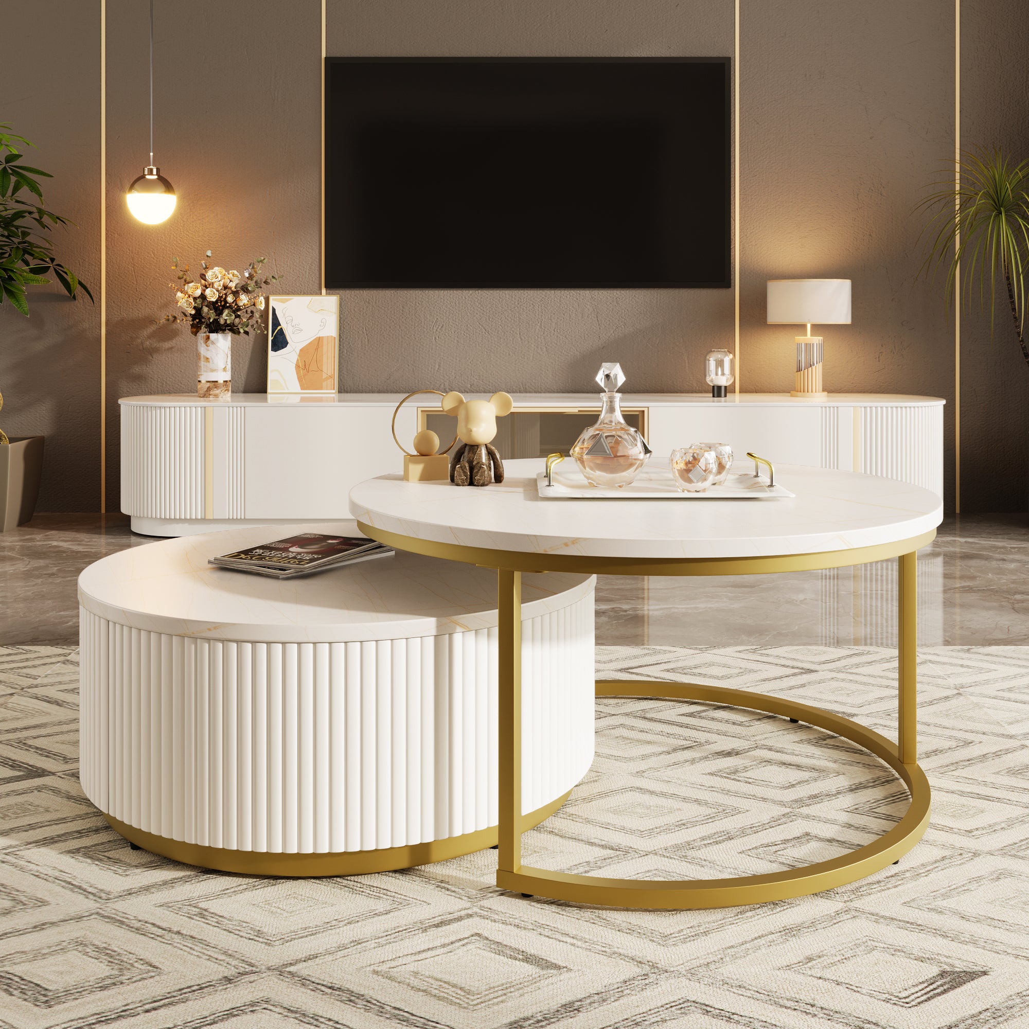 Modern Round Nesting Coffee Table Fluted With Drawer In White & Gold In 31.5'' Golden White Drawers Coffee & End Tables Glossy Round Metal Mdf Pedestal