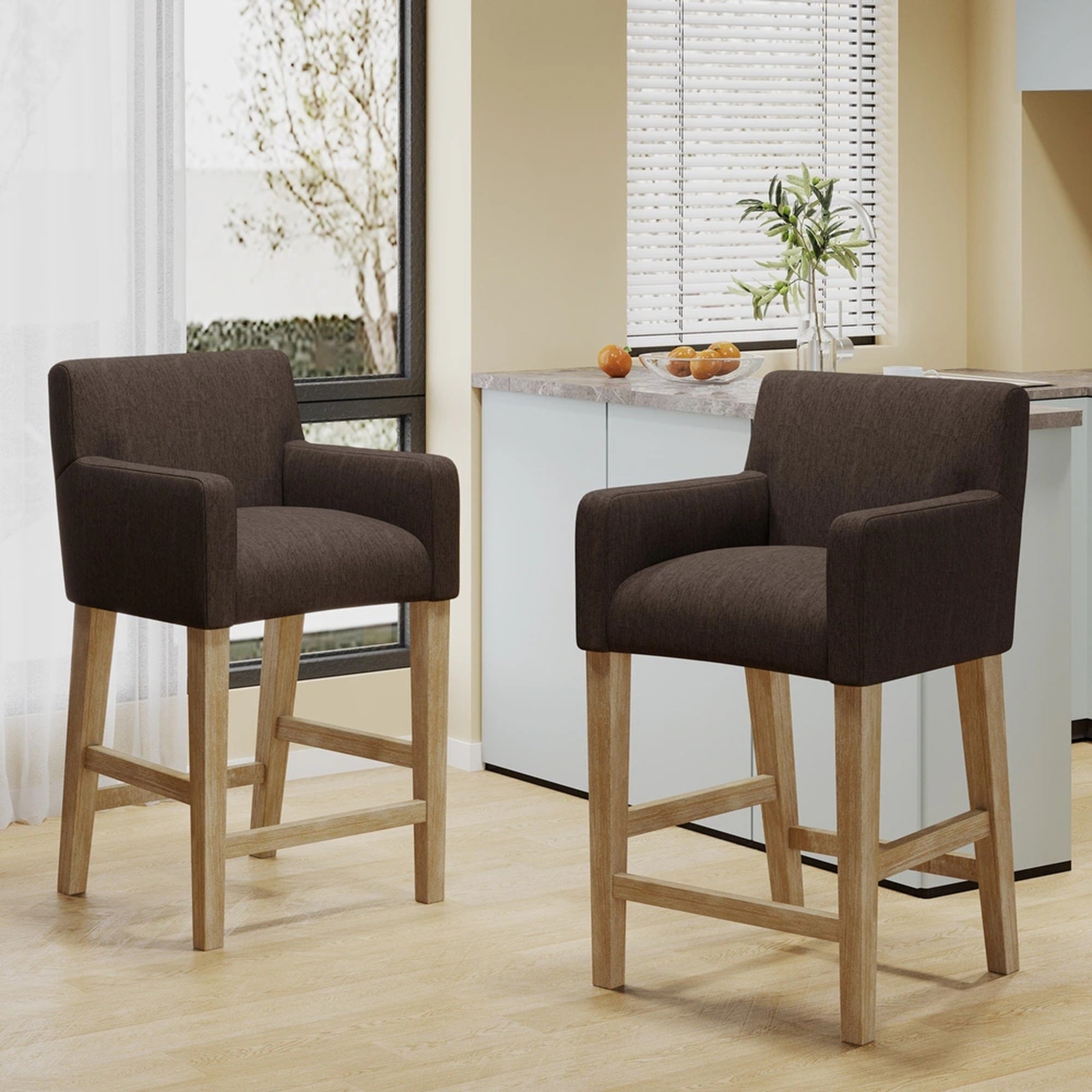 Set Of 2 Upholstered 26 Inch Counter Stool Brown Weathered Brown Brown Set Of 2 Fabric