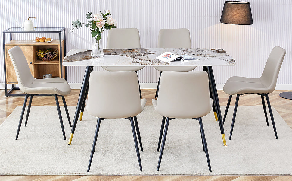 Table And Chair Set,Imitation Marble Texture Rock Board Table Top, Black Metal Table Legs, Stable And Beautiful. Modern Simple Dining Table, Comfortable Seating. White Gray Seats 6 Metal