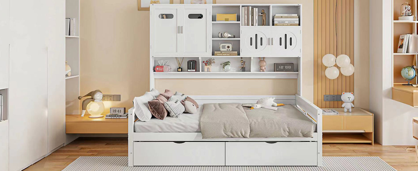 Full Size Wooden Daybed With 2 Drawers, And All In One Cabinet And Shelf, White Full White Wood