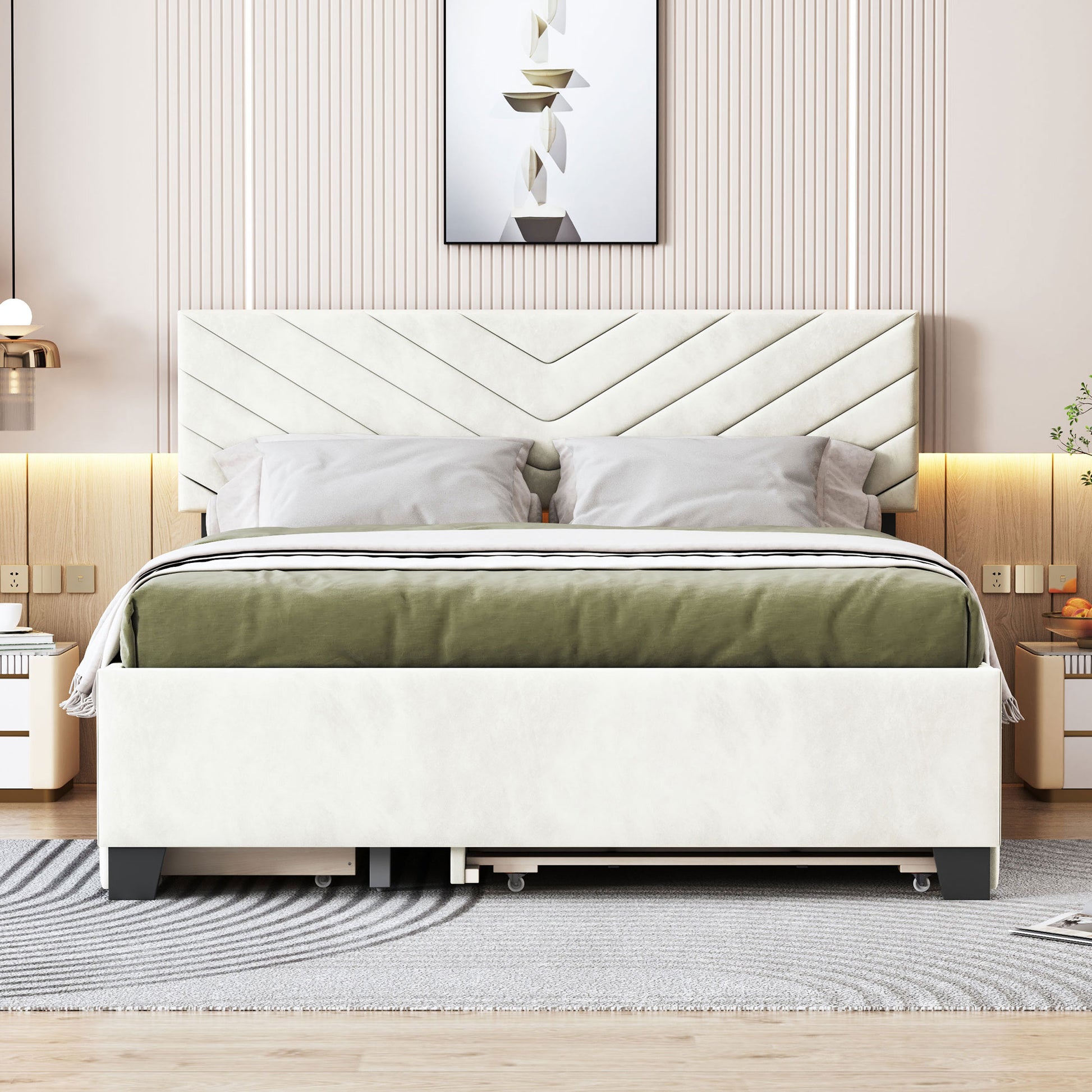 Queen Size Upholstered Platform Bed With Twill Headboard, Pullout Bed And Two Drawers, Flannel, Beige Queen Beige Mdf Lvl