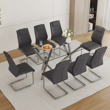 Table And Chair Set.Large Minimalist Rectangular Glass Dining Table For 6 8 With 0.39" Tempered Glass Tabletop And Silver Chrome Metal Legs.Paried With Comfortable Chairs With Pu Seats And Metal Legs. Silver Seats 8 Glass Metal