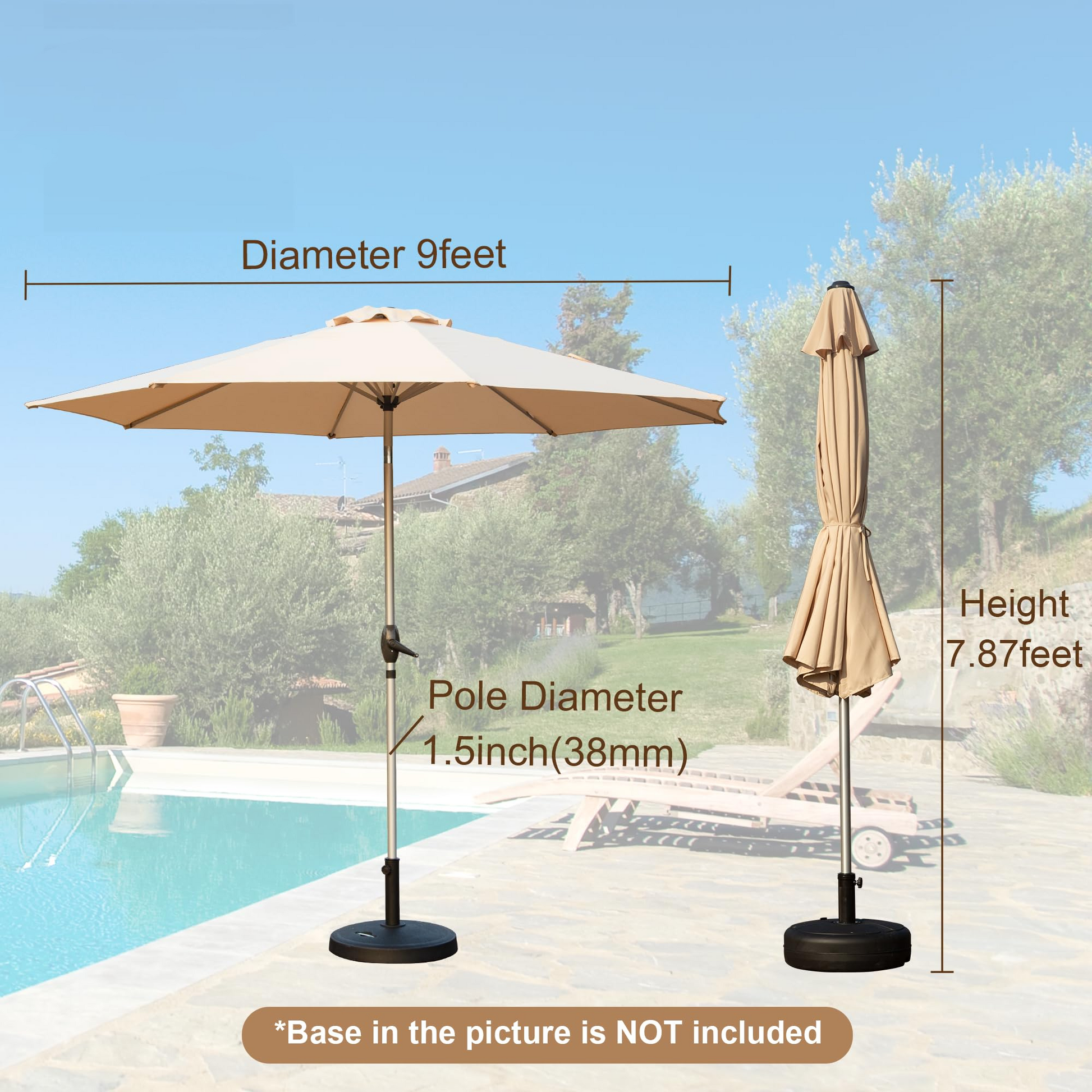 diameter of patio umbrella 9Ft Patio Umbrella, Outdoor Table Umbrella With Push Button Tilt And Crank, Uv Protection Waterproof Market Sun Umbrella With 8 Sturdy Ribs For Garden