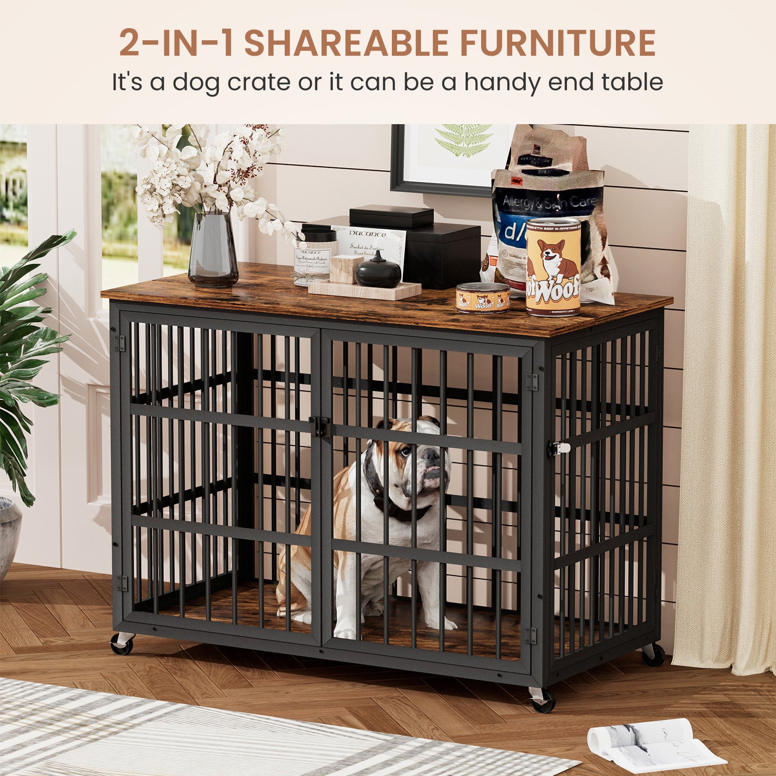 Furniture Style Dog Crate Wrought Iron Frame Door With Side Openings, Rustic Brown, 38.4''W X 27.7''D X 30.2''H. Rustic Brown Particle Board