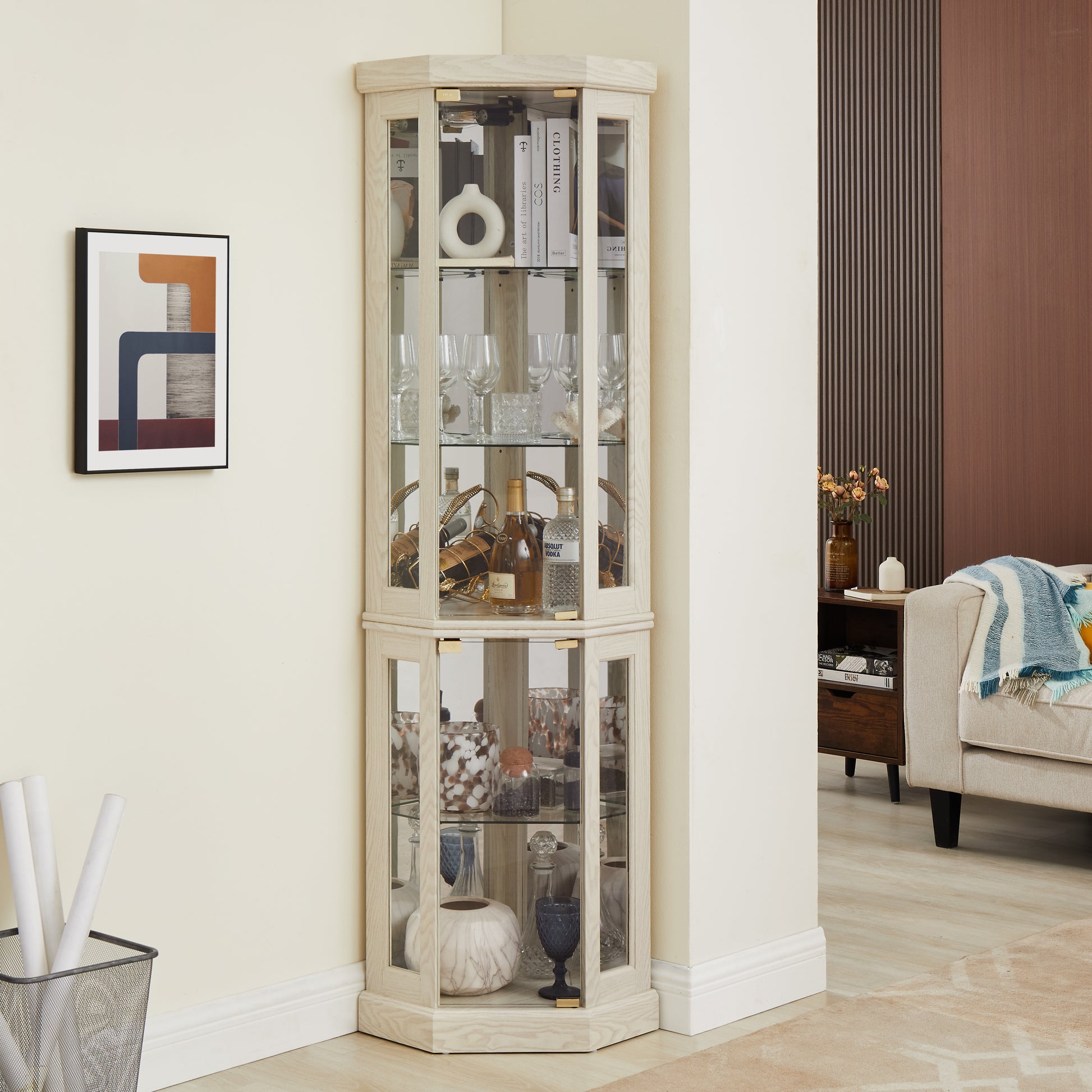 Corner Glass Cabinet Lighted Curio Cabinet Corner Display Case For Living Room, Curio Cabinet, Antique Collection, Wine,Bar Glass Storage Light Included, Antique White Antique White Mdf