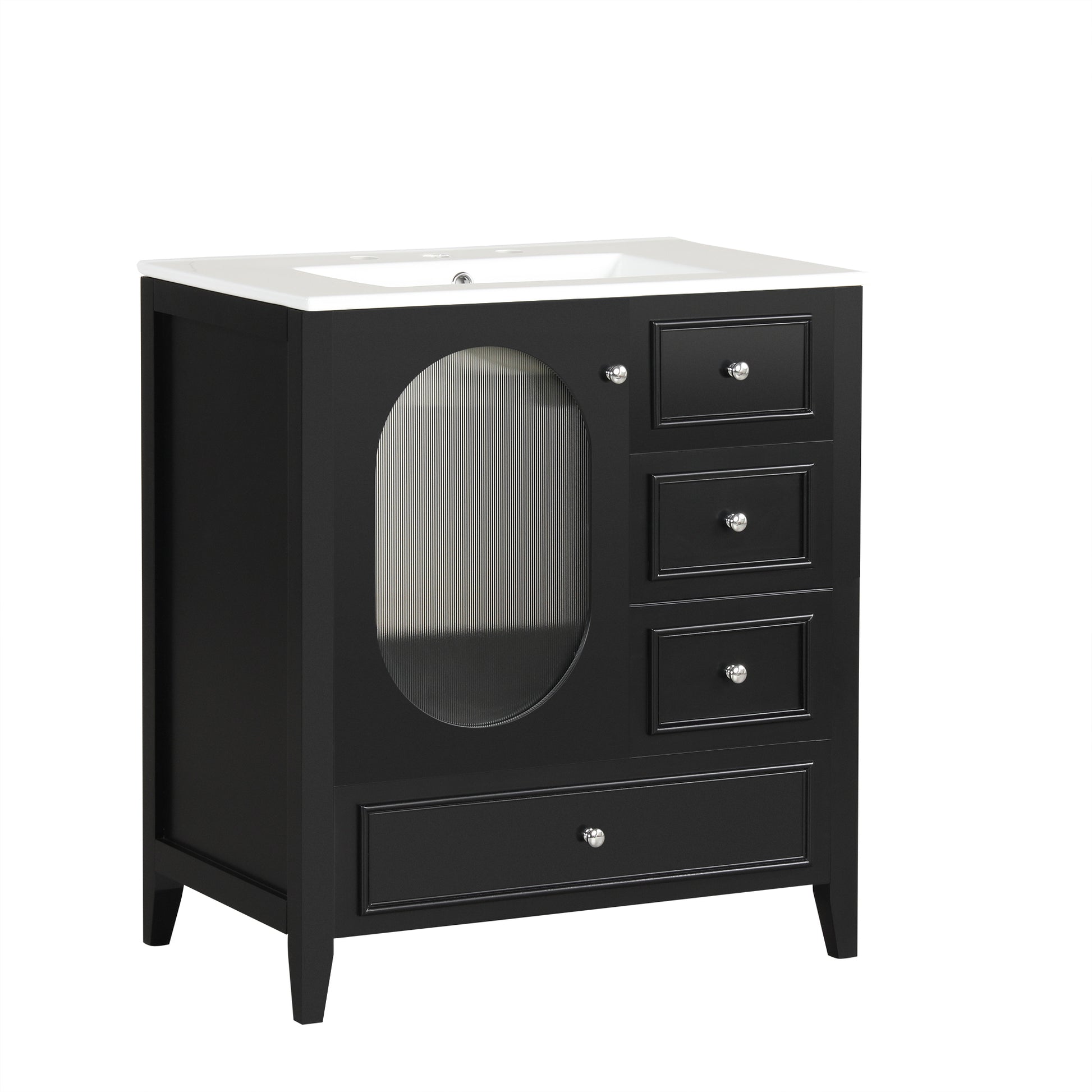 30" Bathroom Vanity With Sink, Bathroom Vanity Cabinet With Three Drawers And Door, Solid Wood And Mdf, Black Black Solid Wood Mdf