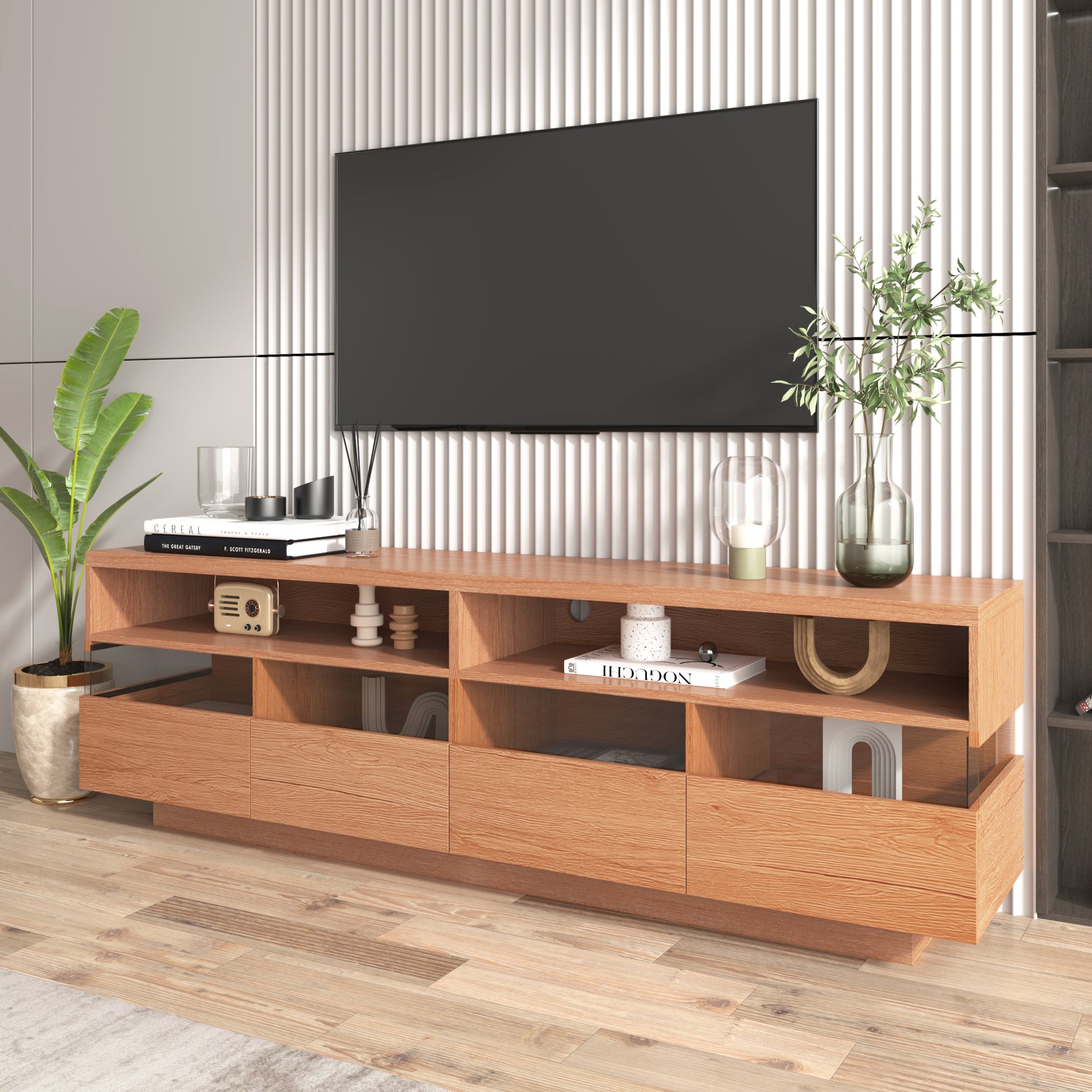 Modern Tv With 4 Drawers& 2 Open Cabinets, Media Console Table For Tvs Up To 75'', Entertainment Center With Acrylic Transparent Storage Space For Living Room, Bedroom, Home Theatre Wood Red Primary Living Space 70 Inches 60 69 Inches 70 Inches Particle