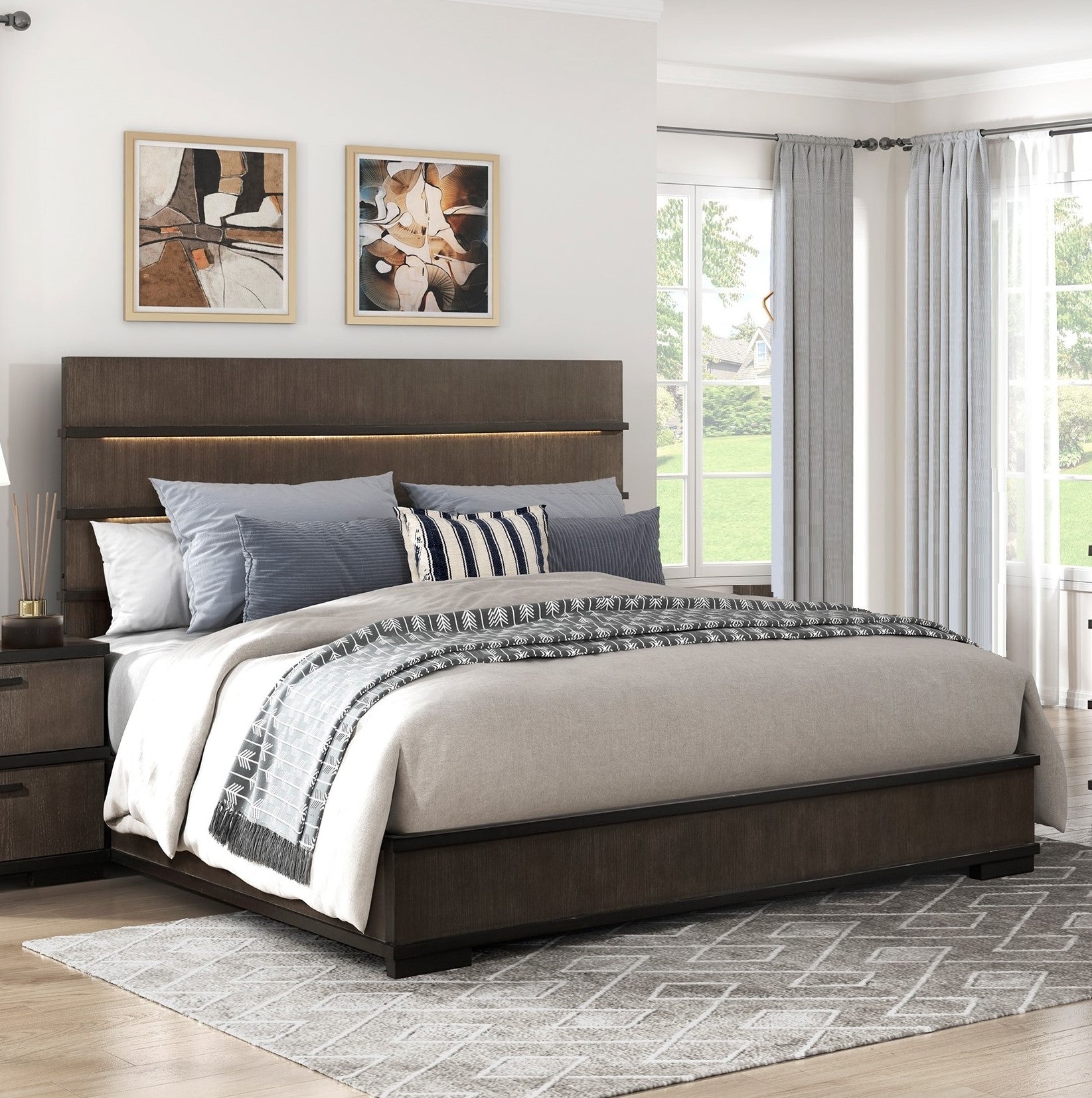 Two Tone Brown Black Finish Led Headboard King Bed 1Pc Modern Industrial Design Bedroom Furniture Box Spring Required King Black,Brown Gray Wood Bedroom Bed Frame Wood